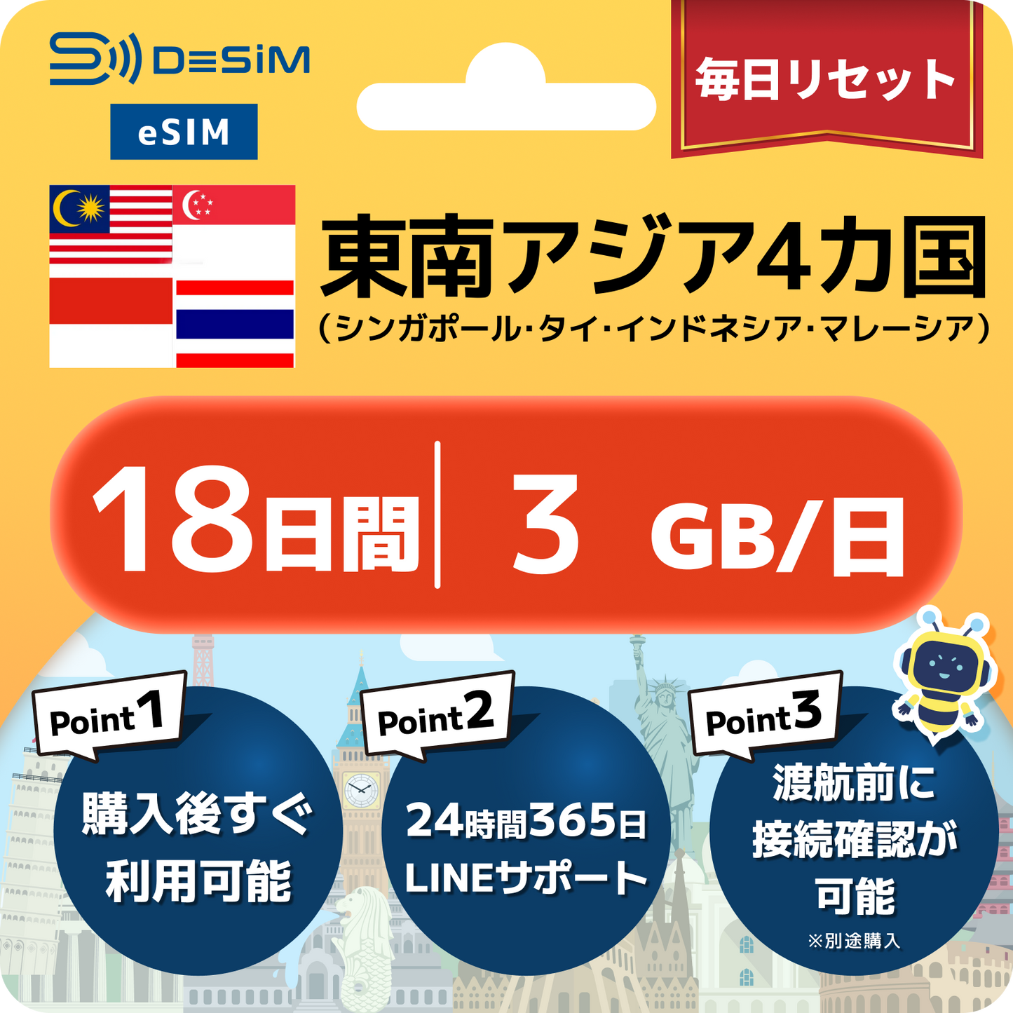 東南アジア eSIM（11~20日間）500MB～50GB選択可能 即日開通 テザリング対応