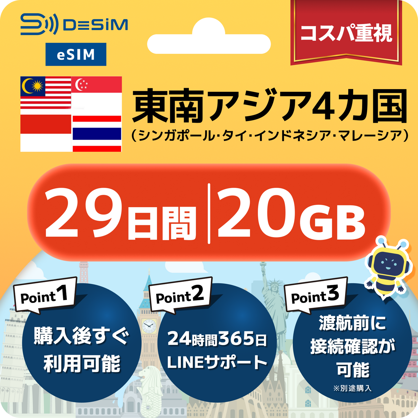 東南アジア eSIM（21~30日間）500MB～50GB選択可能 即日開通 テザリング対応