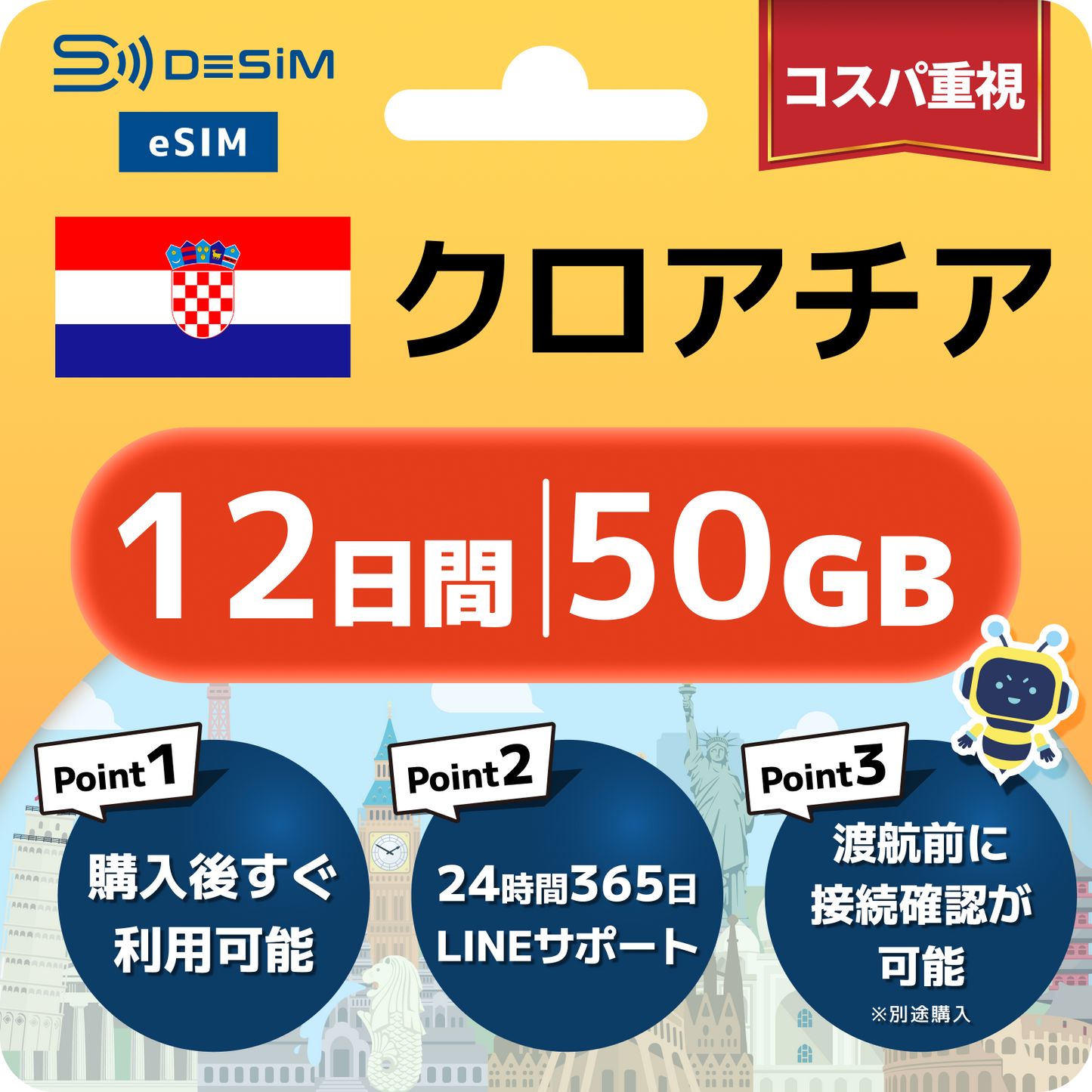 クロアチア eSIM（11~20日間）500MB～50GB選択可能 即日開通 テザリング対応