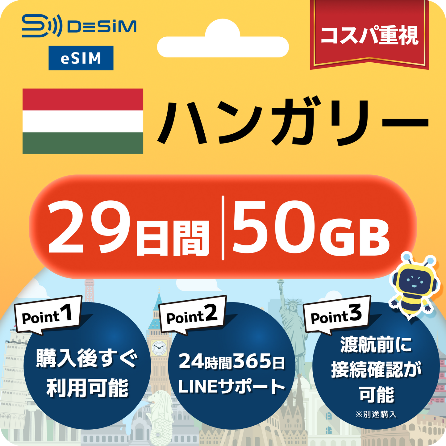 ハンガリー eSIM（21~30日間）500MB～50GB選択可能 即日開通 テザリング対応