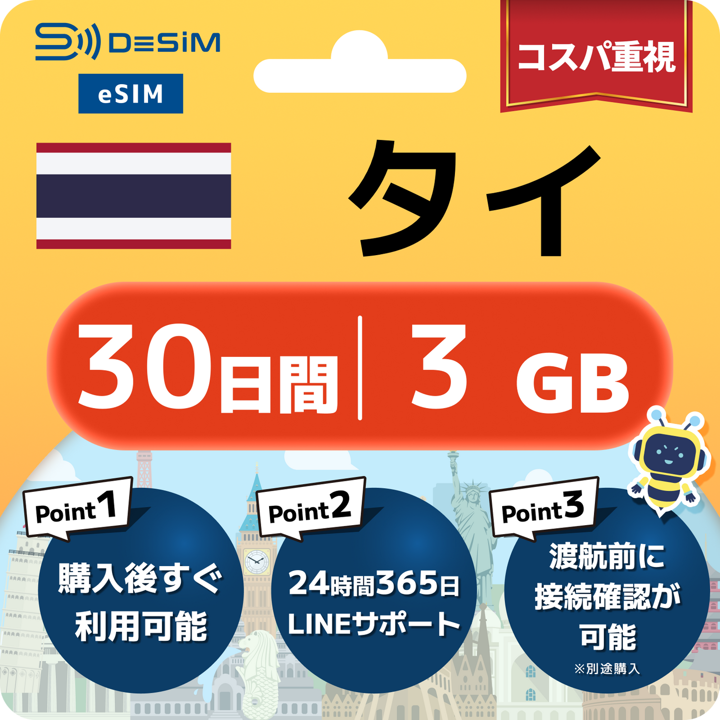 タイ eSIM（21~30日間）500MB～50GB選択可能 即日開通 テザリング対応