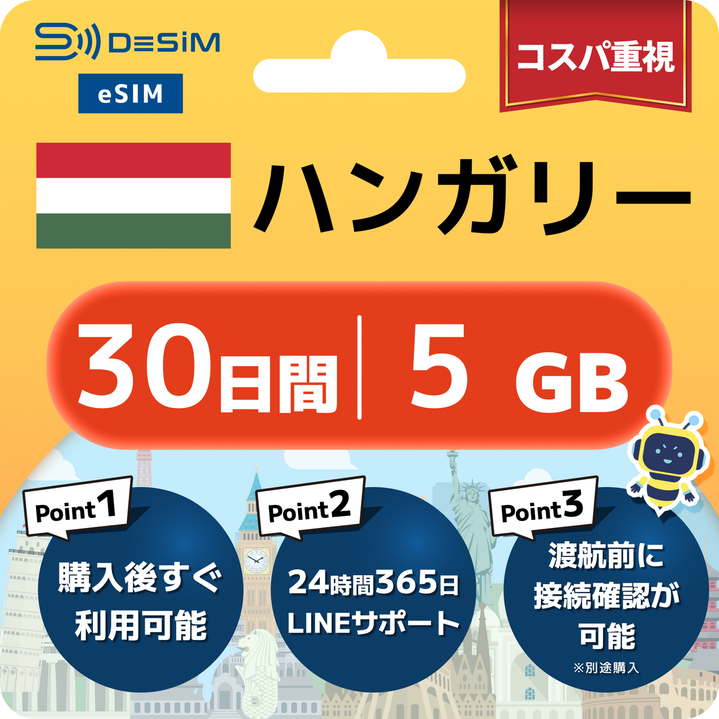 ハンガリー eSIM（21~30日間）500MB～50GB選択可能 即日開通 テザリング対応