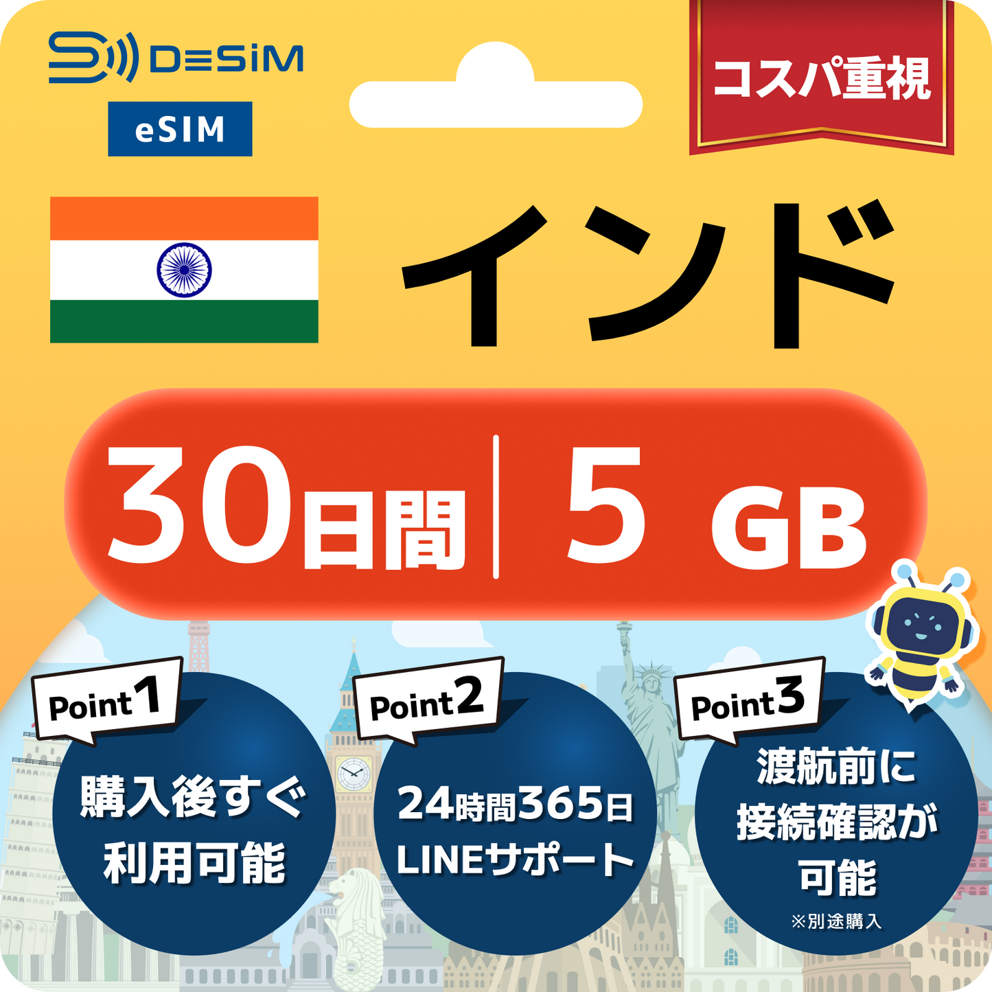 インド eSIM（21~30日間）500MB～50GB選択可能 即日開通 テザリング対応