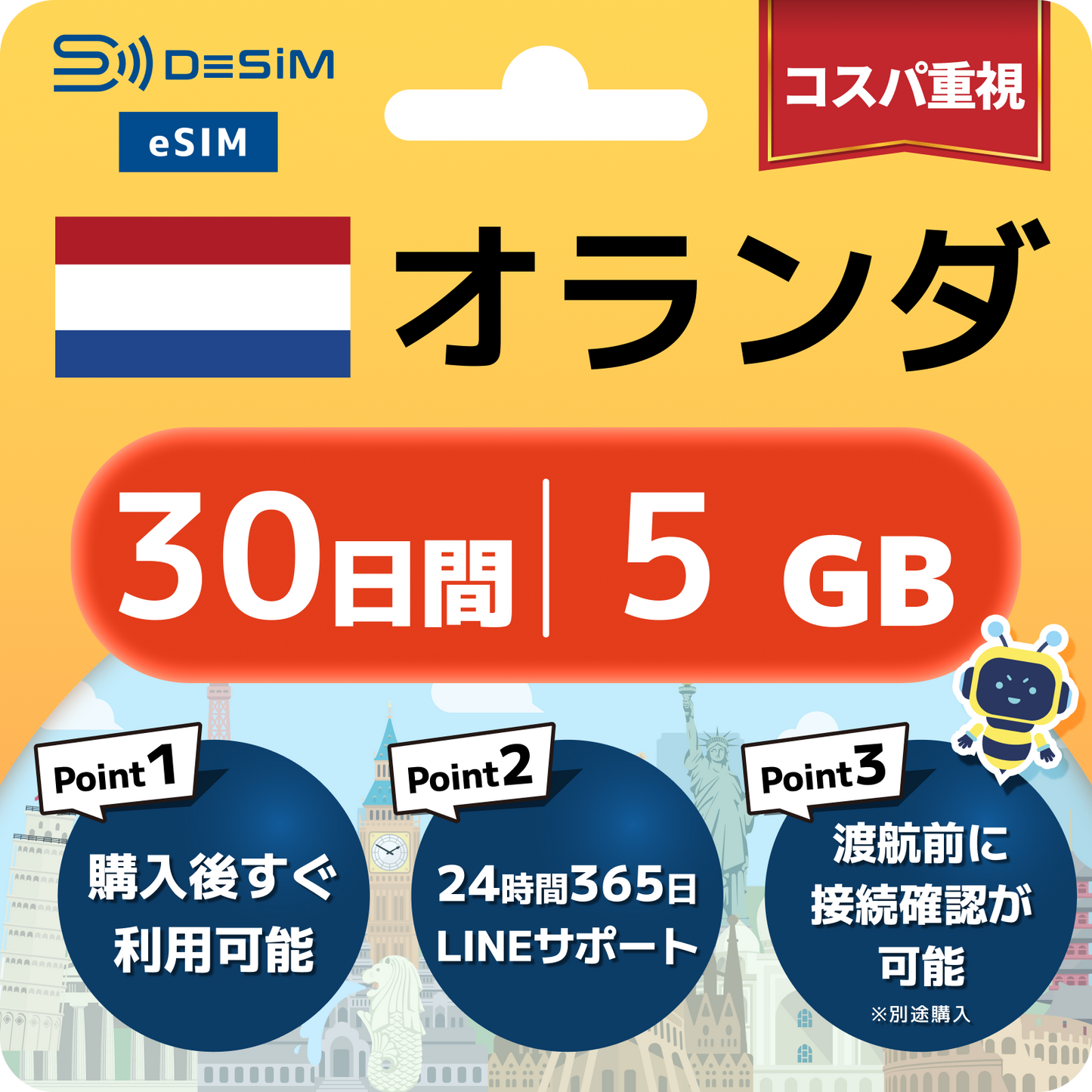 オランダ eSIM（21~30日間）500MB～50GB選択可能 即日開通 テザリング対応