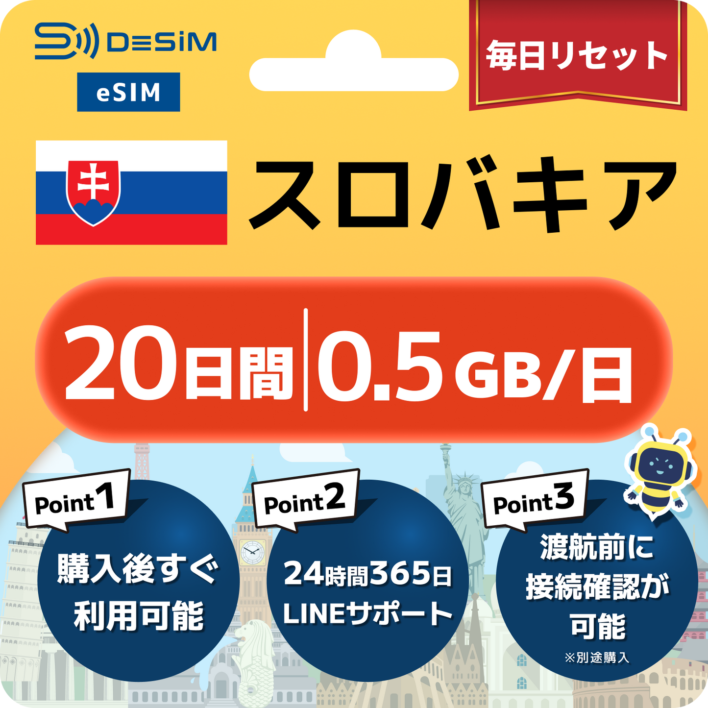 スロバキア eSIM（11~20日間）500MB～50GB選択可能 即日開通 テザリング対応