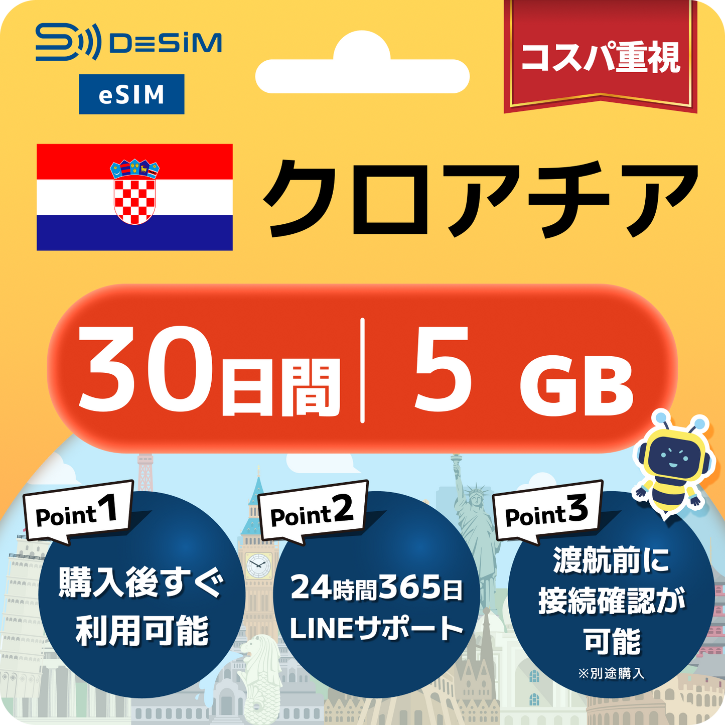 クロアチア eSIM（21~30日間）500MB～50GB選択可能 即日開通 テザリング対応