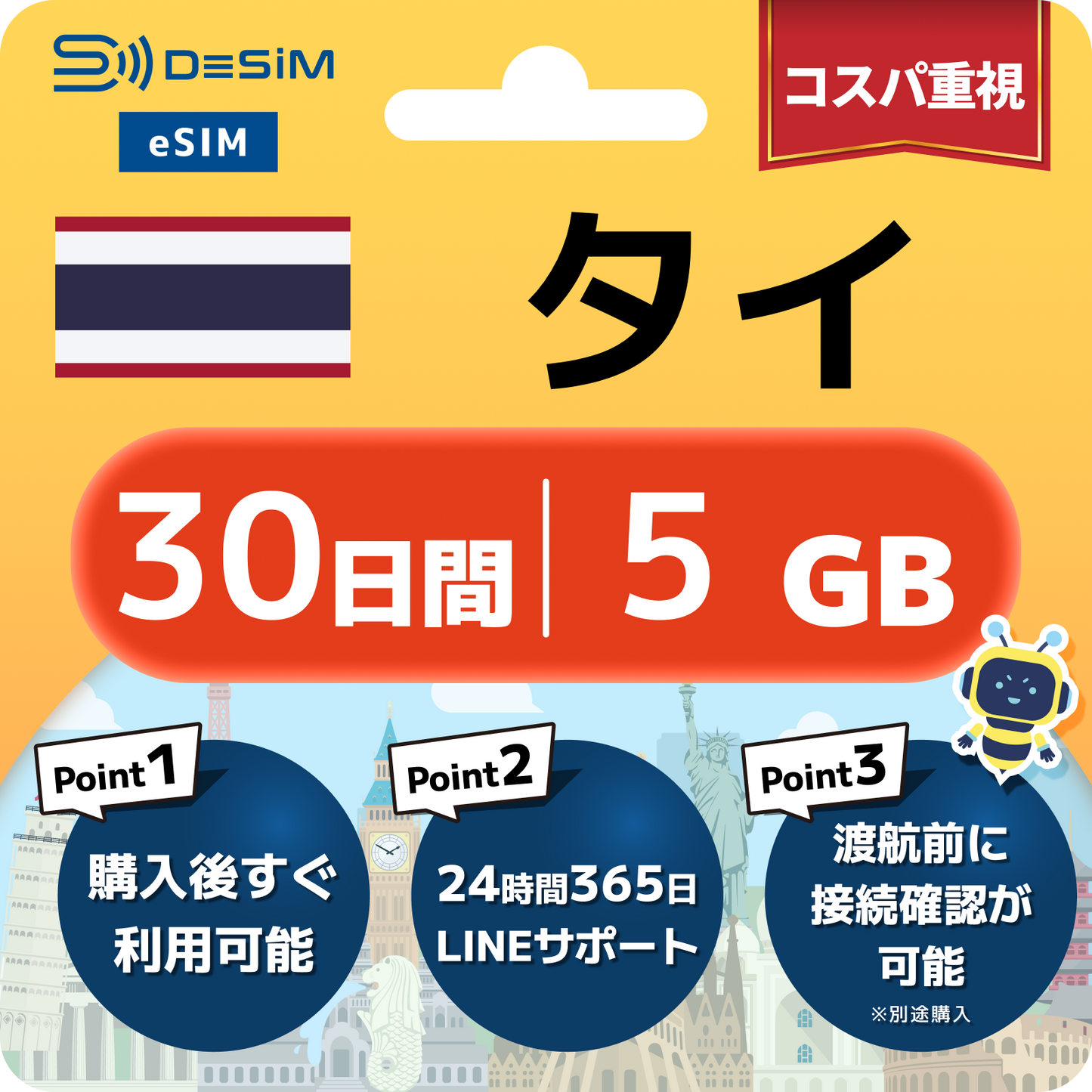 タイ eSIM（21~30日間）500MB～50GB選択可能 即日開通 テザリング対応