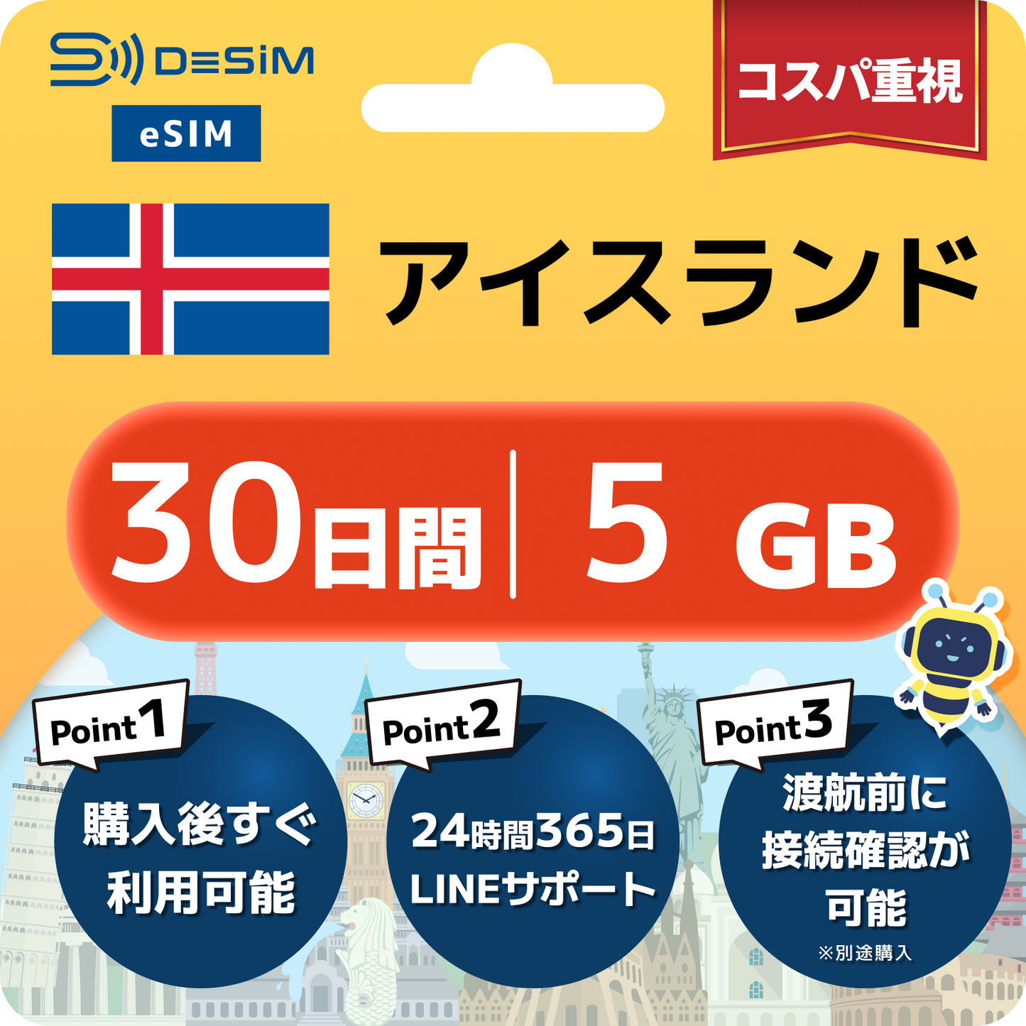 アイスランド eSIM（21~30日間）500MB～50GB選択可能 即日開通 テザリング対応