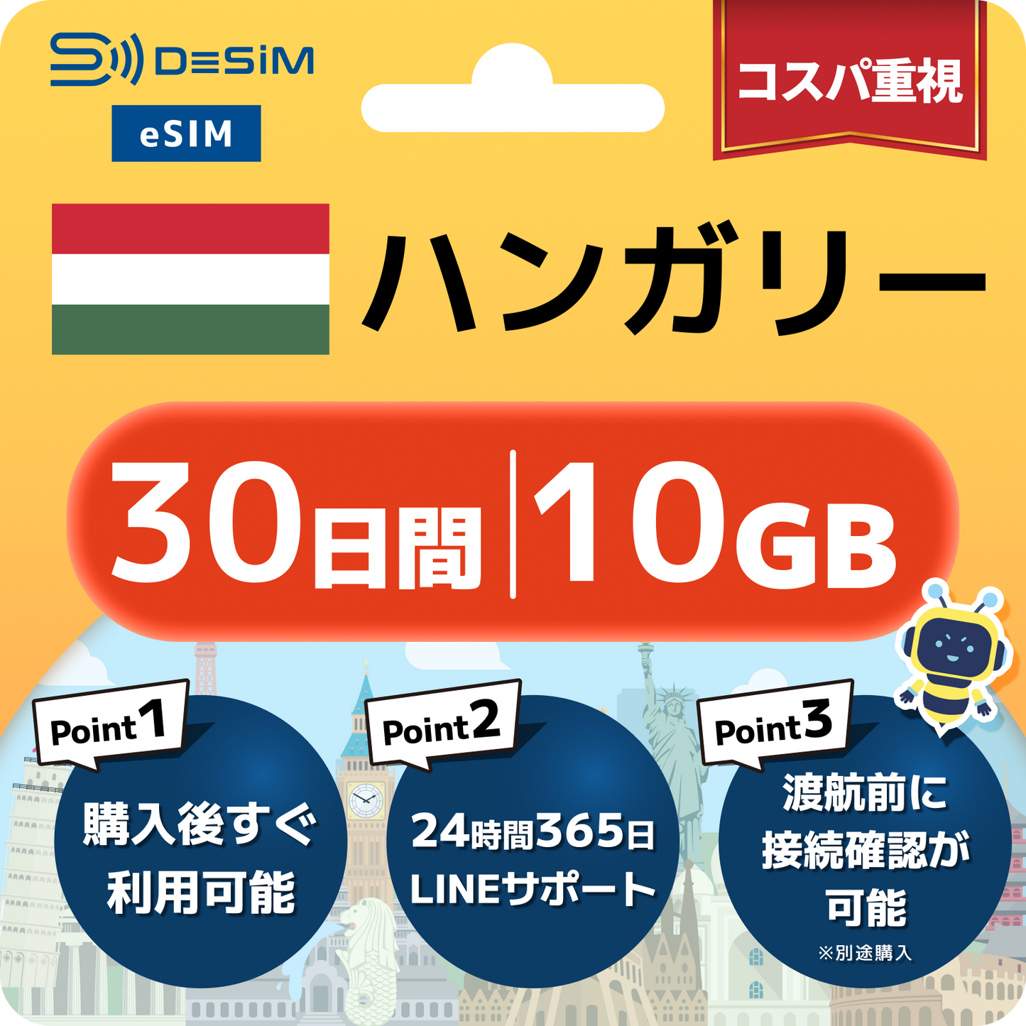 ハンガリー eSIM（21~30日間）500MB～50GB選択可能 即日開通 テザリング対応