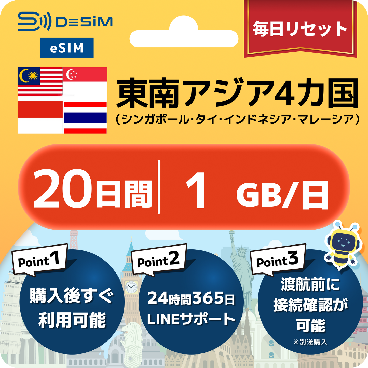 東南アジア eSIM（11~20日間）500MB～50GB選択可能 即日開通 テザリング対応