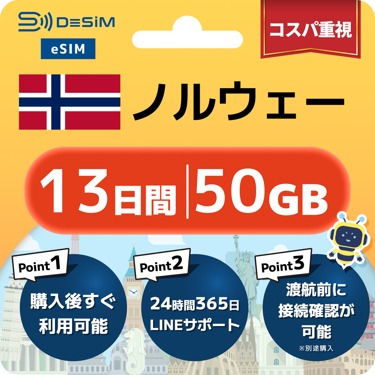 ノルウェー eSIM（11~20日間）500MB～50GB選択可能 即日開通 テザリング対応