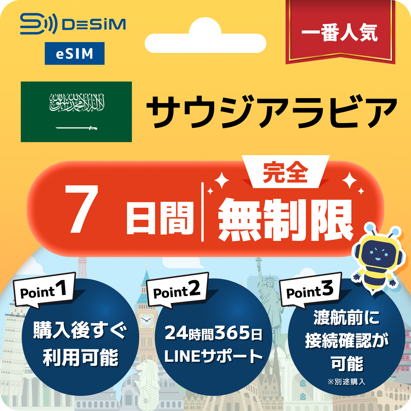 サウジアラビア eSIM（1~30日間） 完全無制限eSIM 即日開通 テザリング対応