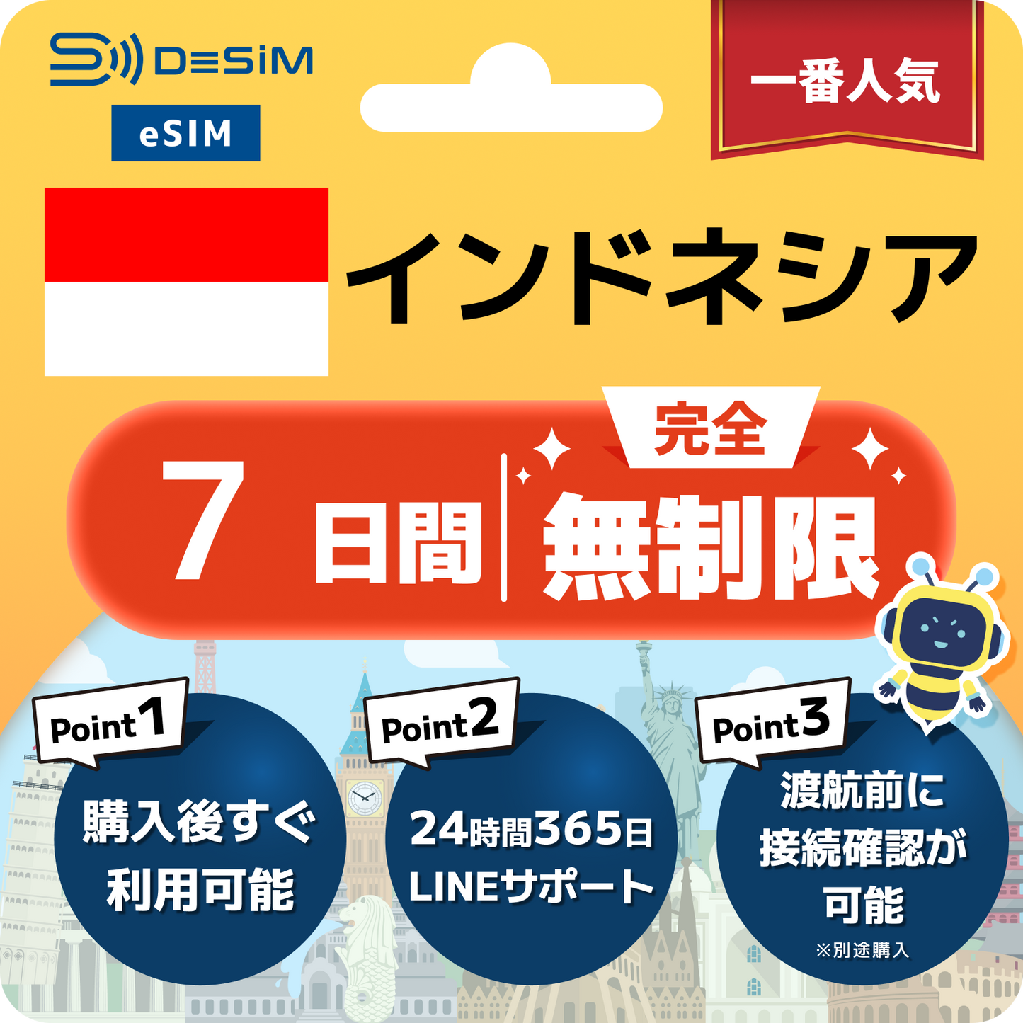 インドネシア eSIM（1~30日間） 完全無制限eSIM 即日開通 テザリング対応