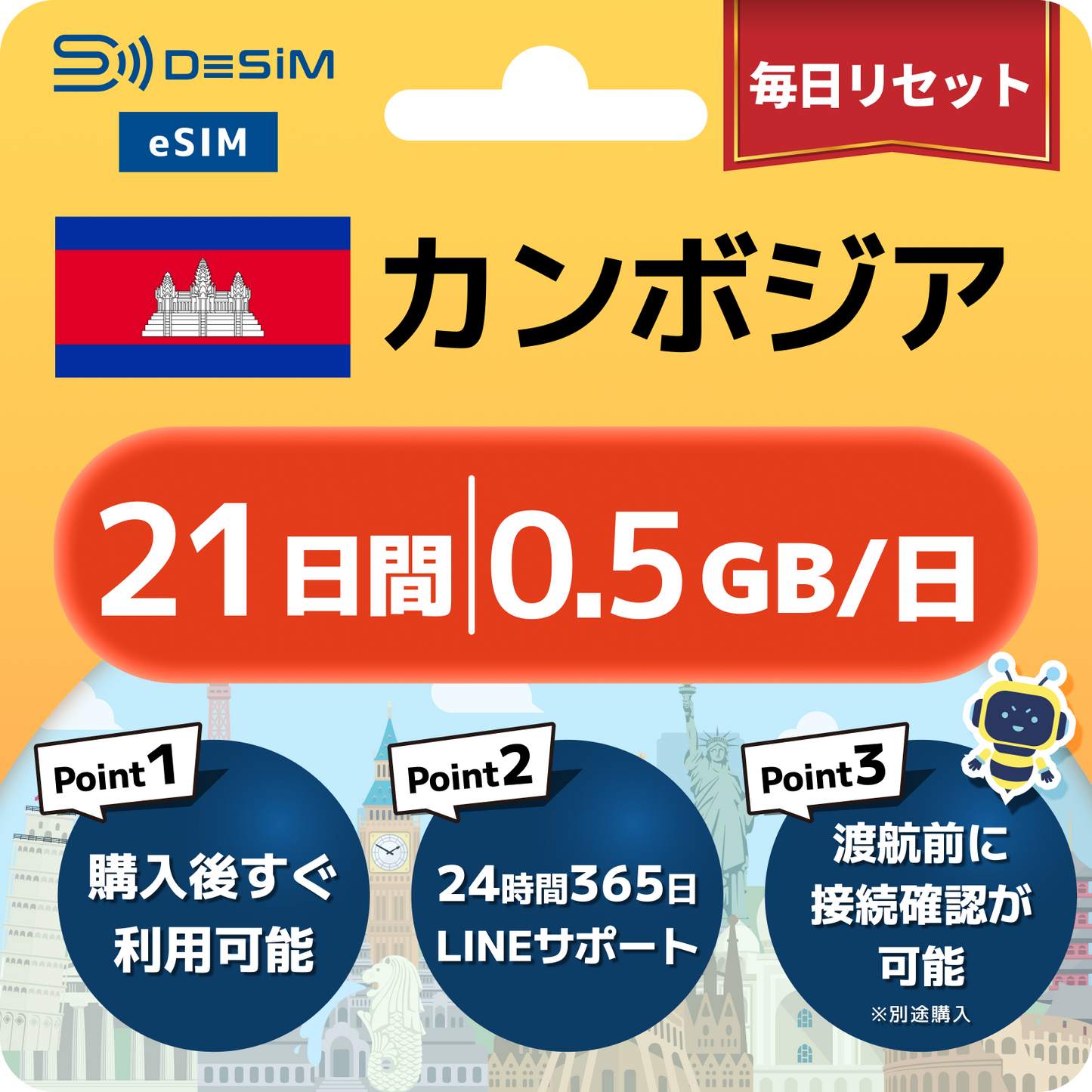 カンボジア eSIM（21~30日間）500MB～50GB選択可能 即日開通 テザリング対応