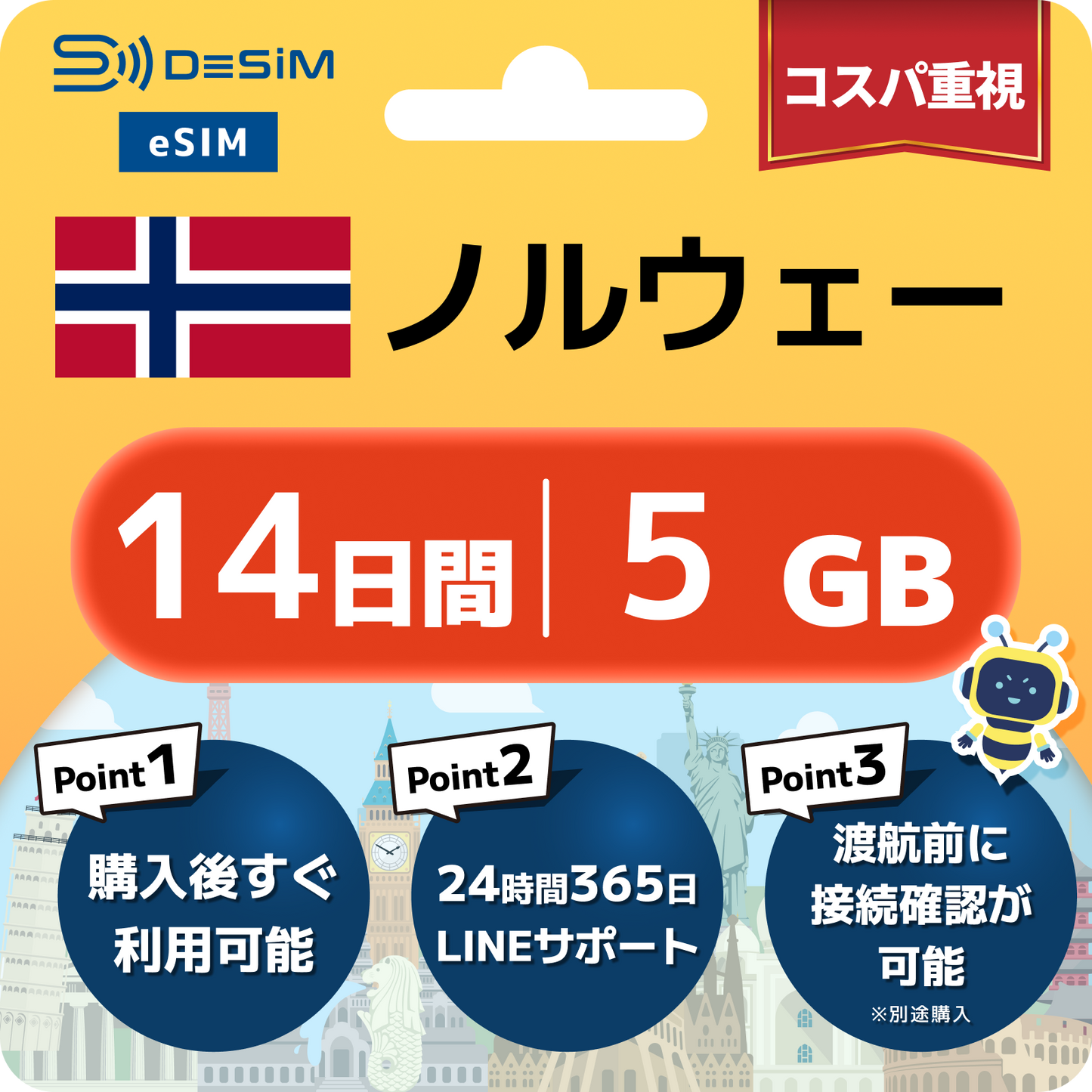 ノルウェー eSIM（11~20日間）500MB～50GB選択可能 即日開通 テザリング対応