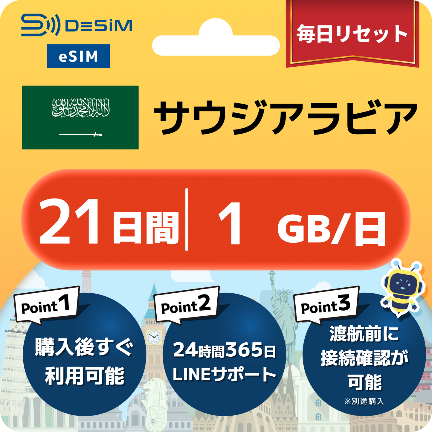 サウジアラビア eSIM（21~30日間）500MB～50GB選択可能 即日開通 テザリング対応