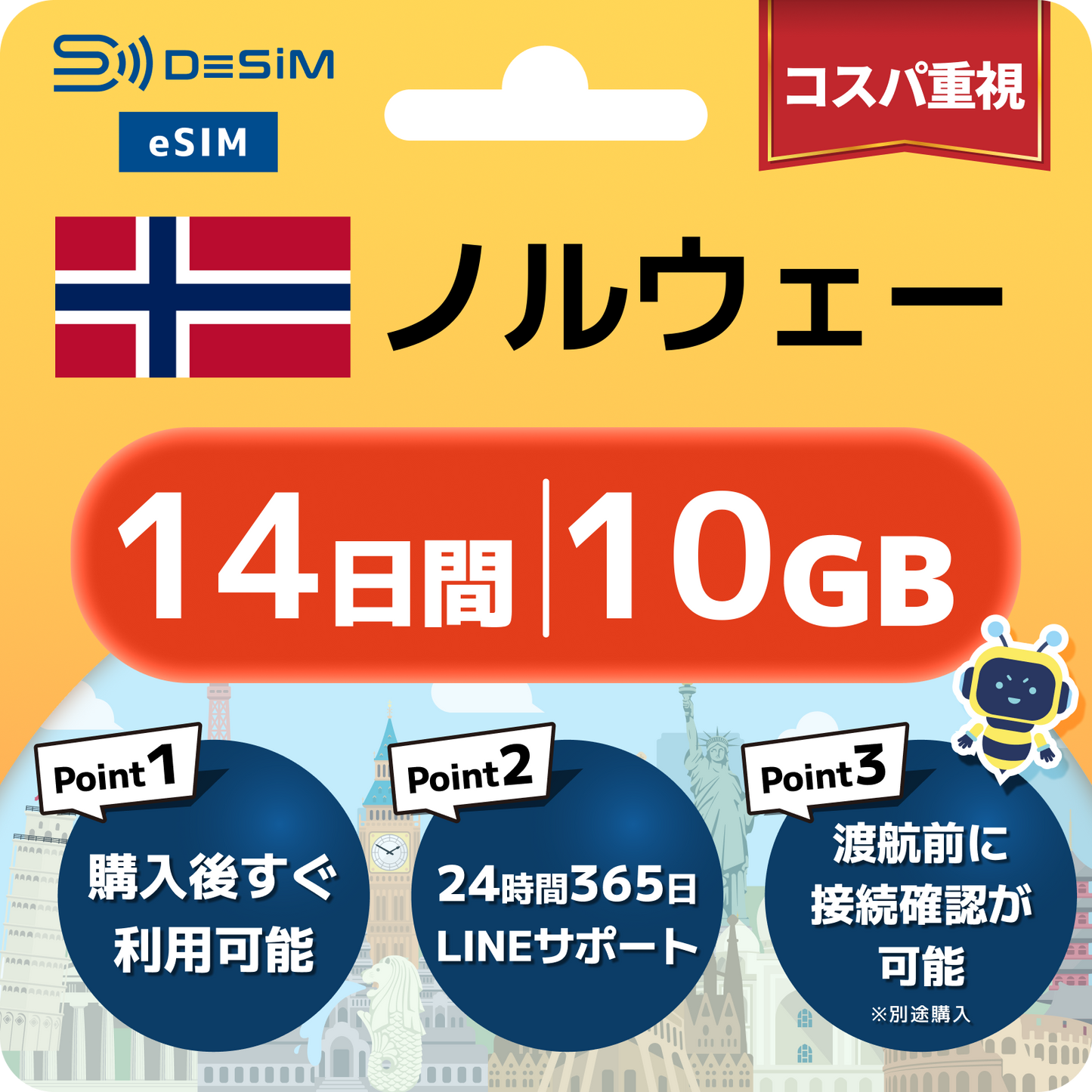 ノルウェー eSIM（11~20日間）500MB～50GB選択可能 即日開通 テザリング対応