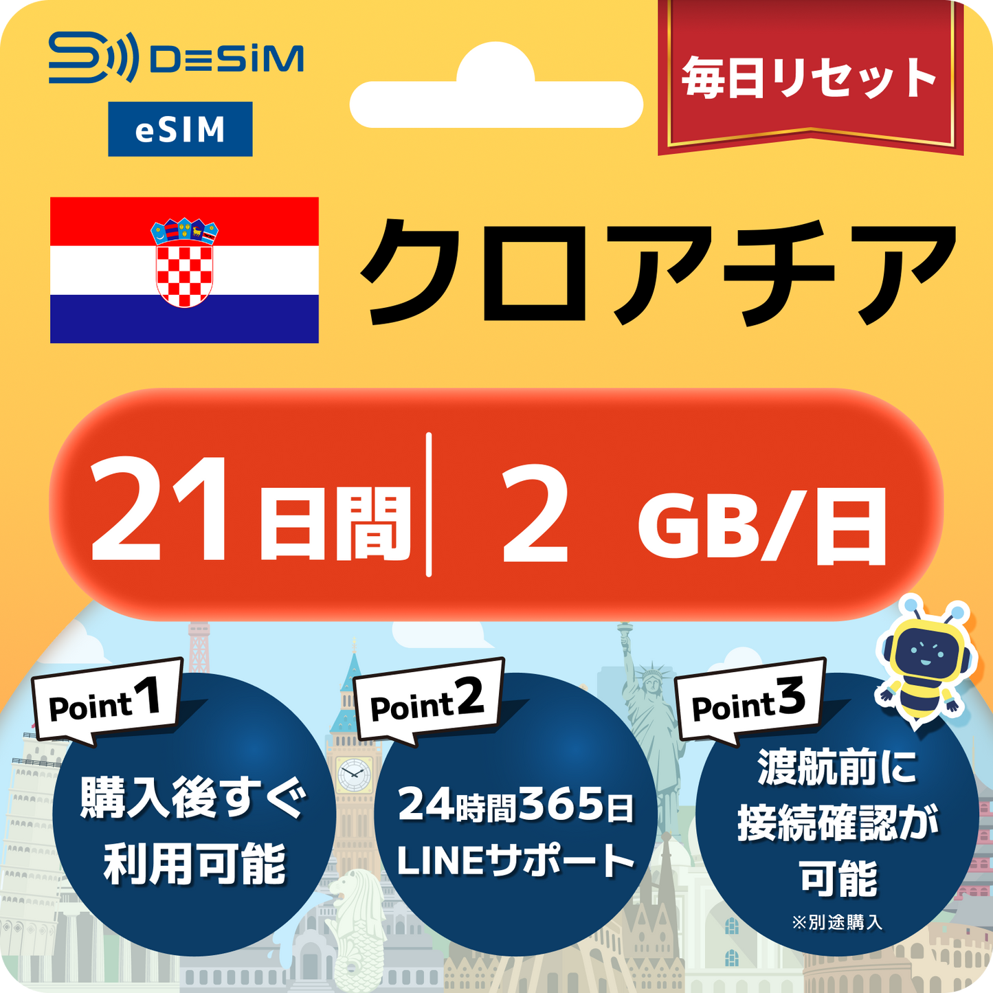 クロアチア eSIM（21~30日間）500MB～50GB選択可能 即日開通 テザリング対応