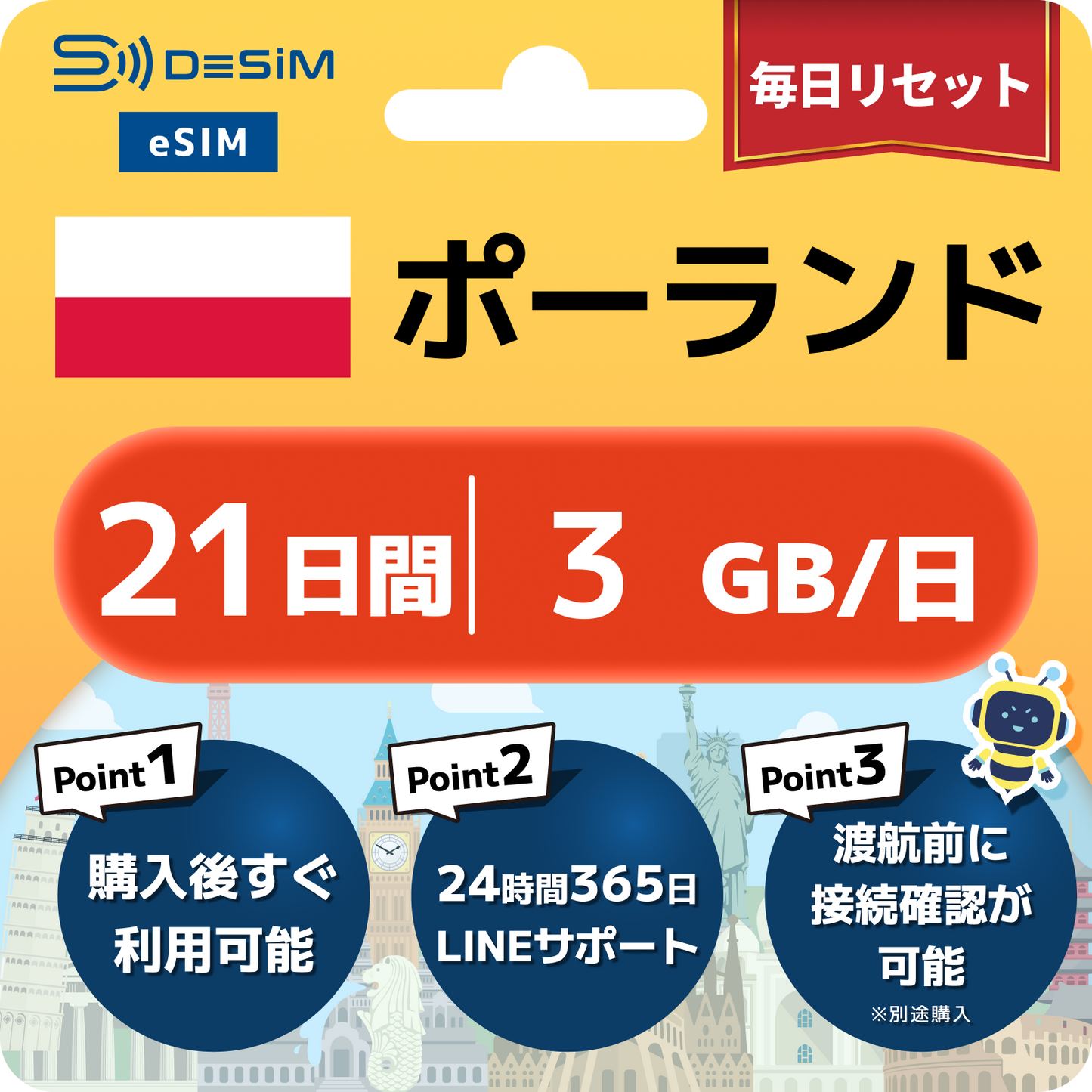 ポーランド eSIM（21~30日間）500MB～50GB選択可能 即日開通 テザリング対応