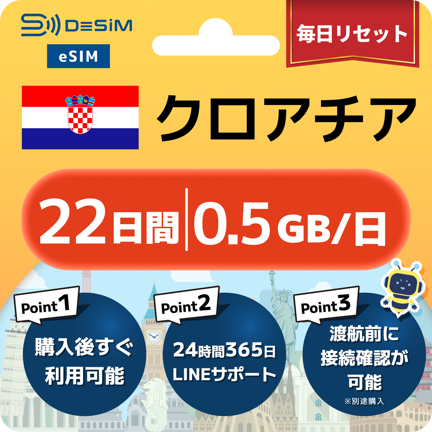 クロアチア eSIM（21~30日間）500MB～50GB選択可能 即日開通 テザリング対応