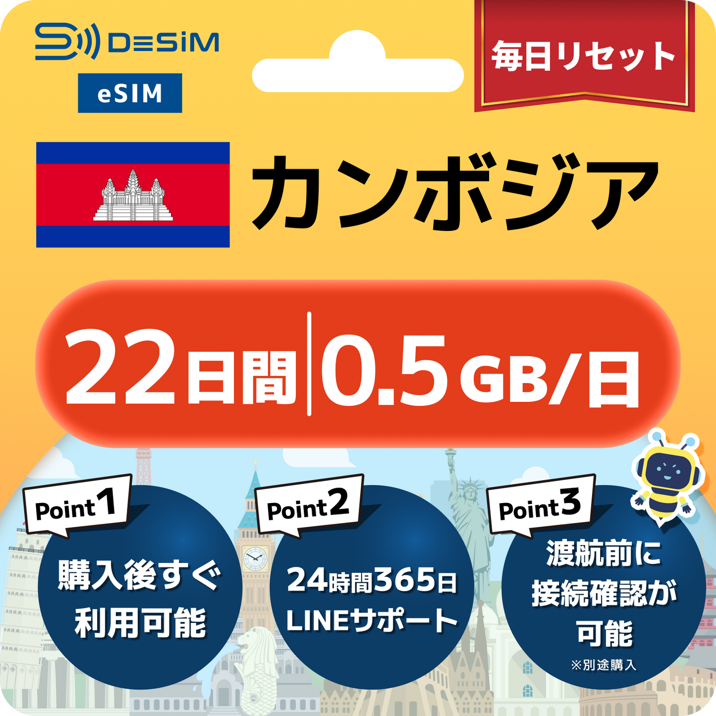 カンボジア eSIM（21~30日間）500MB～50GB選択可能 即日開通 テザリング対応