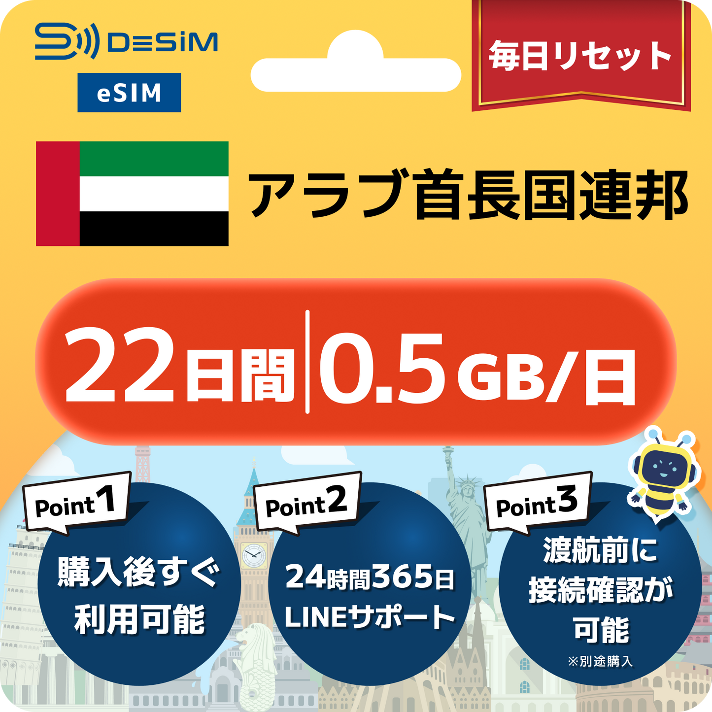 アラブ首長国連邦 eSIM（21~30日間）500MB～50GB選択可能 即日開通 テザリング対応