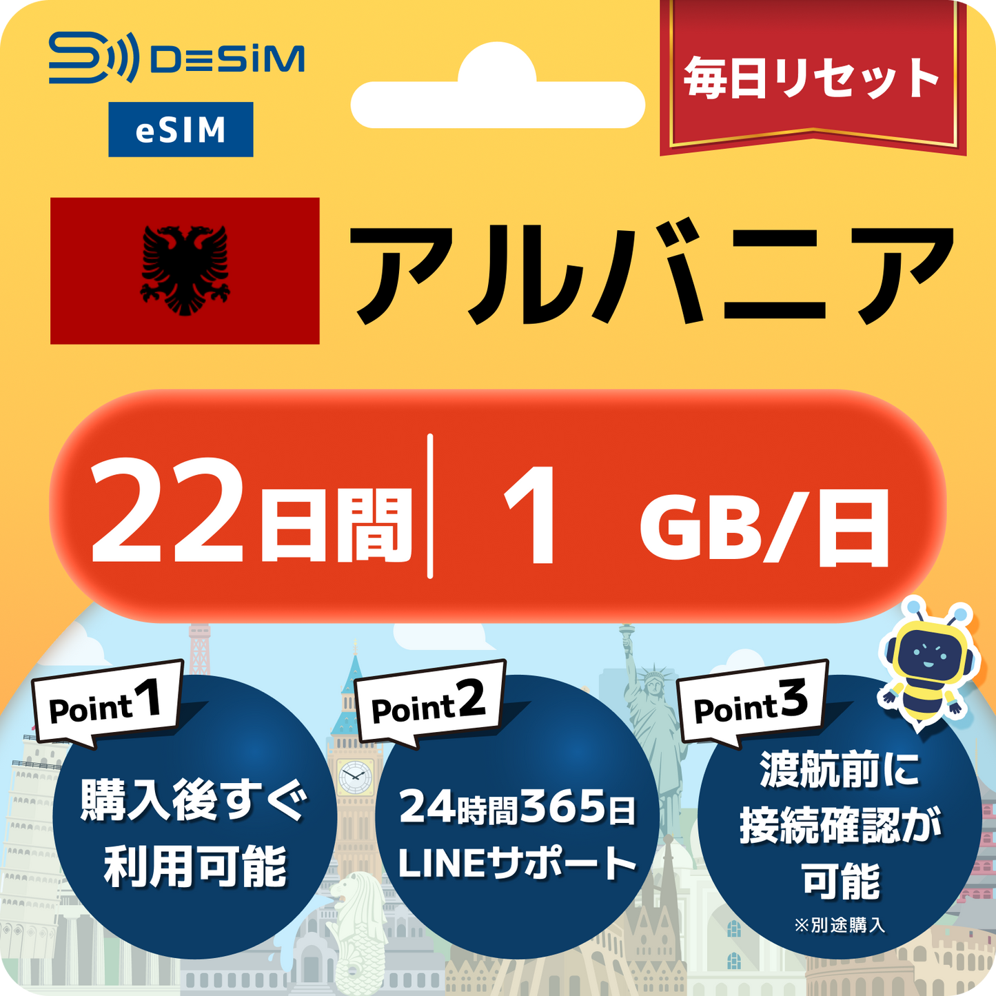 アルバニア eSIM（21~30日間）500MB～50GB選択可能 即日開通 テザリング対応