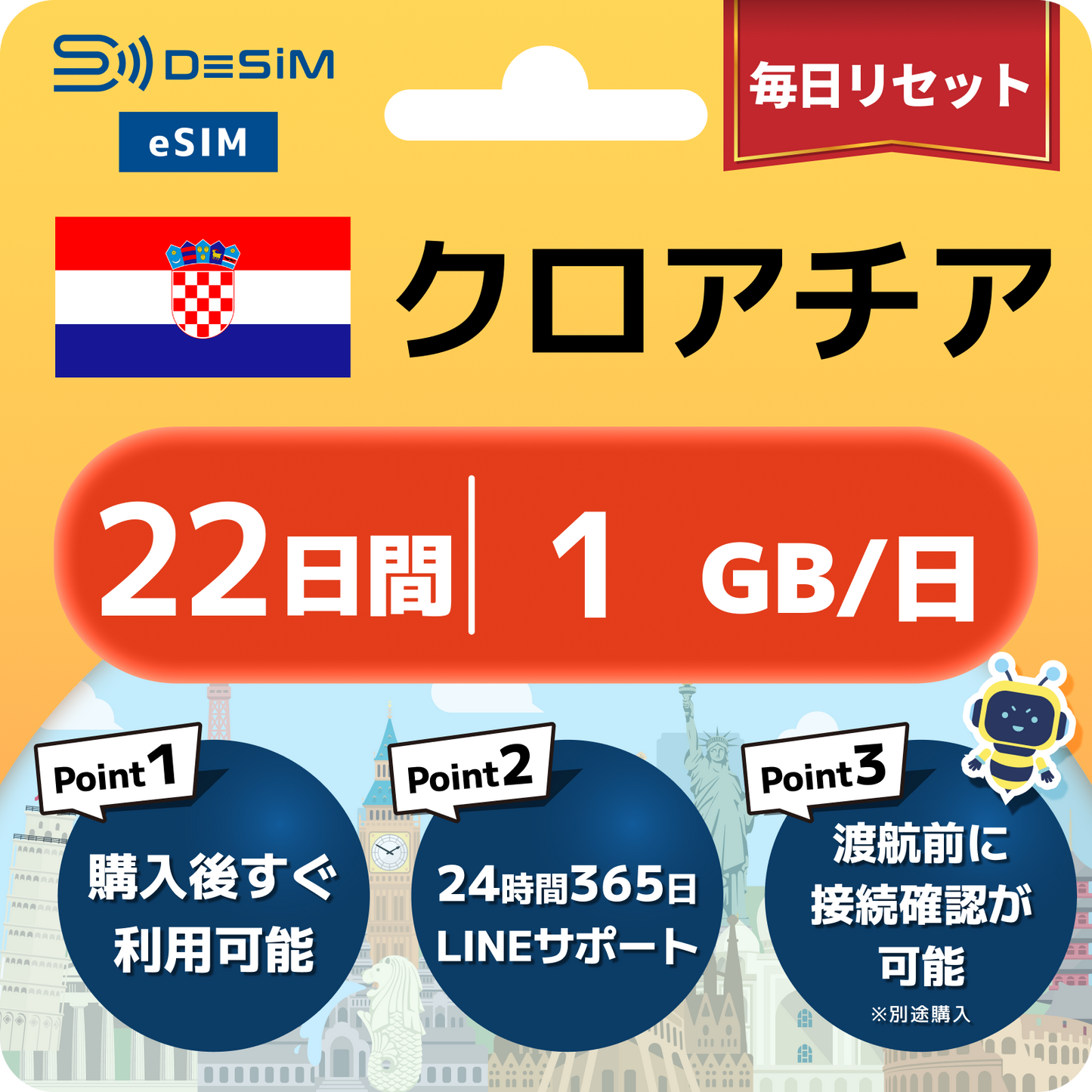クロアチア eSIM（21~30日間）500MB～50GB選択可能 即日開通 テザリング対応