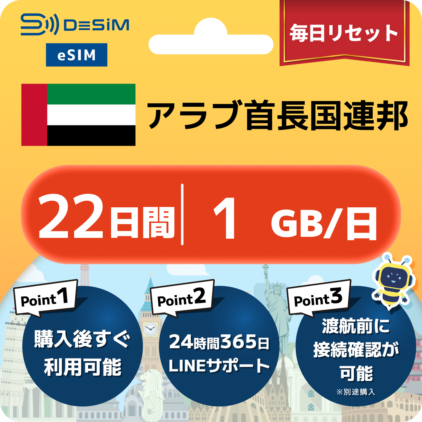 アラブ首長国連邦 eSIM（21~30日間）500MB～50GB選択可能 即日開通 テザリング対応