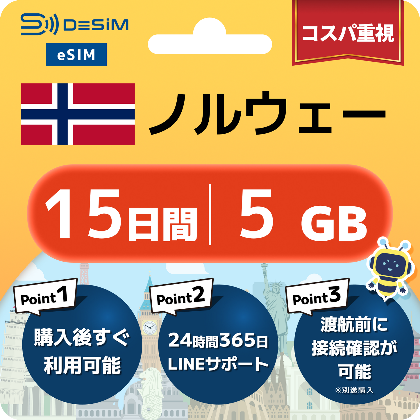 ノルウェー eSIM（11~20日間）500MB～50GB選択可能 即日開通 テザリング対応
