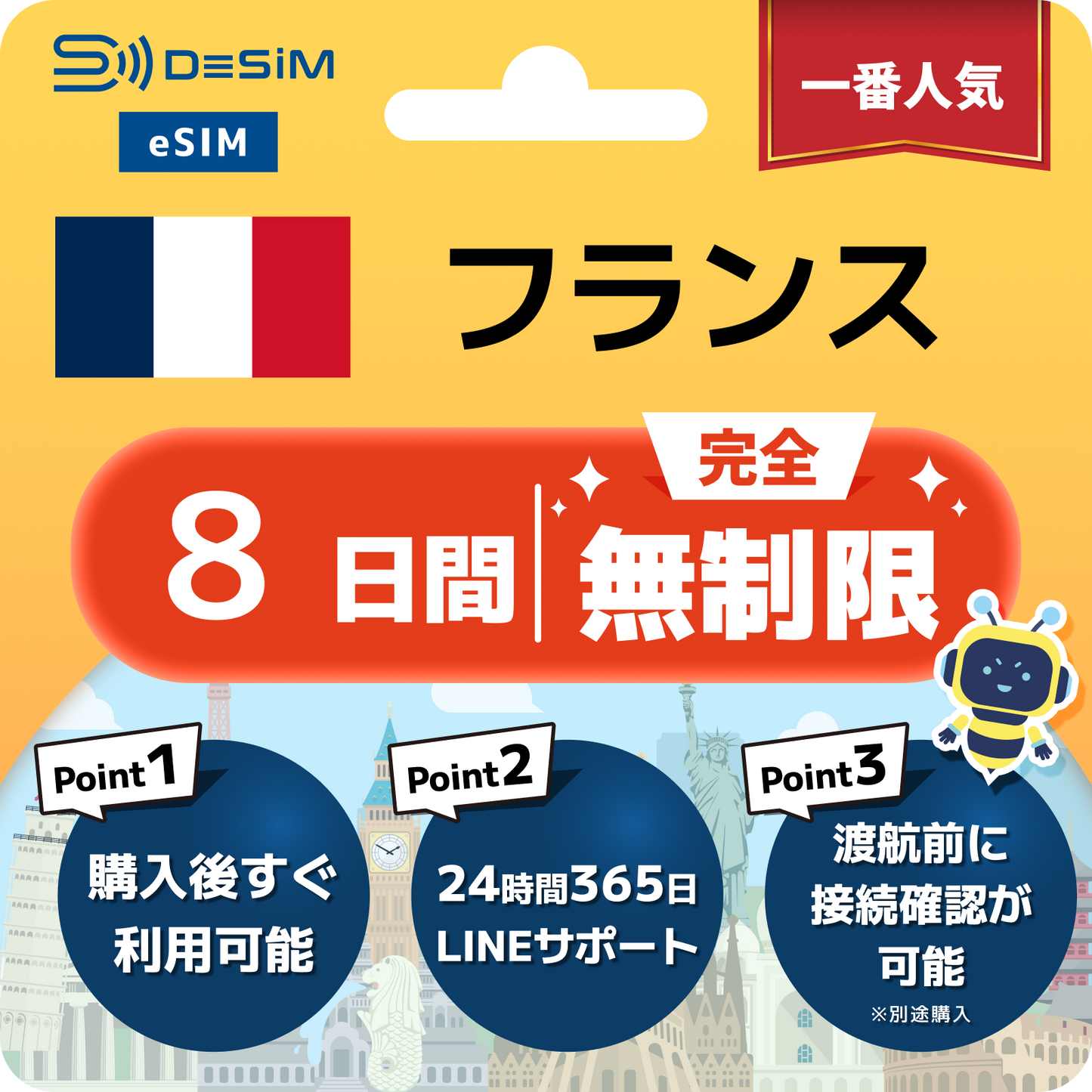 フランス eSIM（1~30日間） 完全無制限eSIM 即日開通 テザリング対応