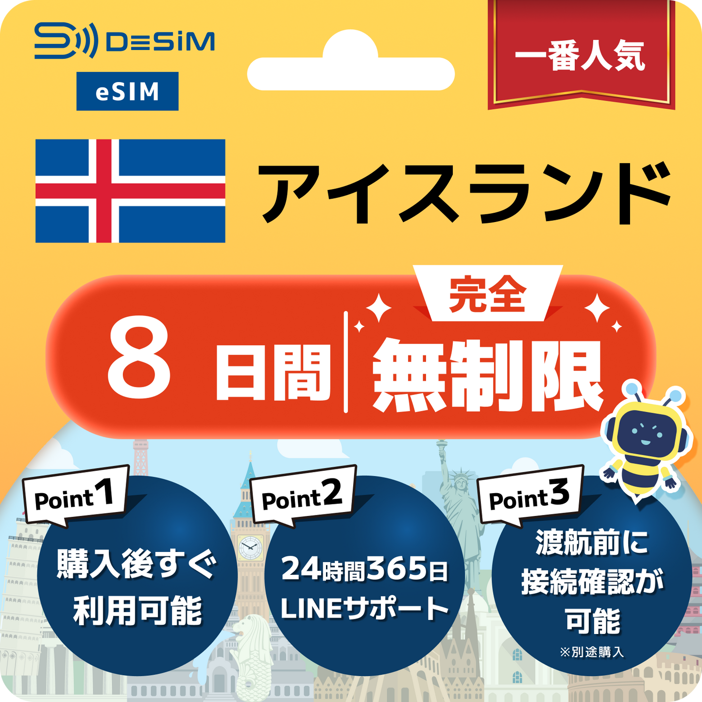 アイスランド eSIM（1~30日間） 完全無制限eSIM 即日開通 テザリング対応