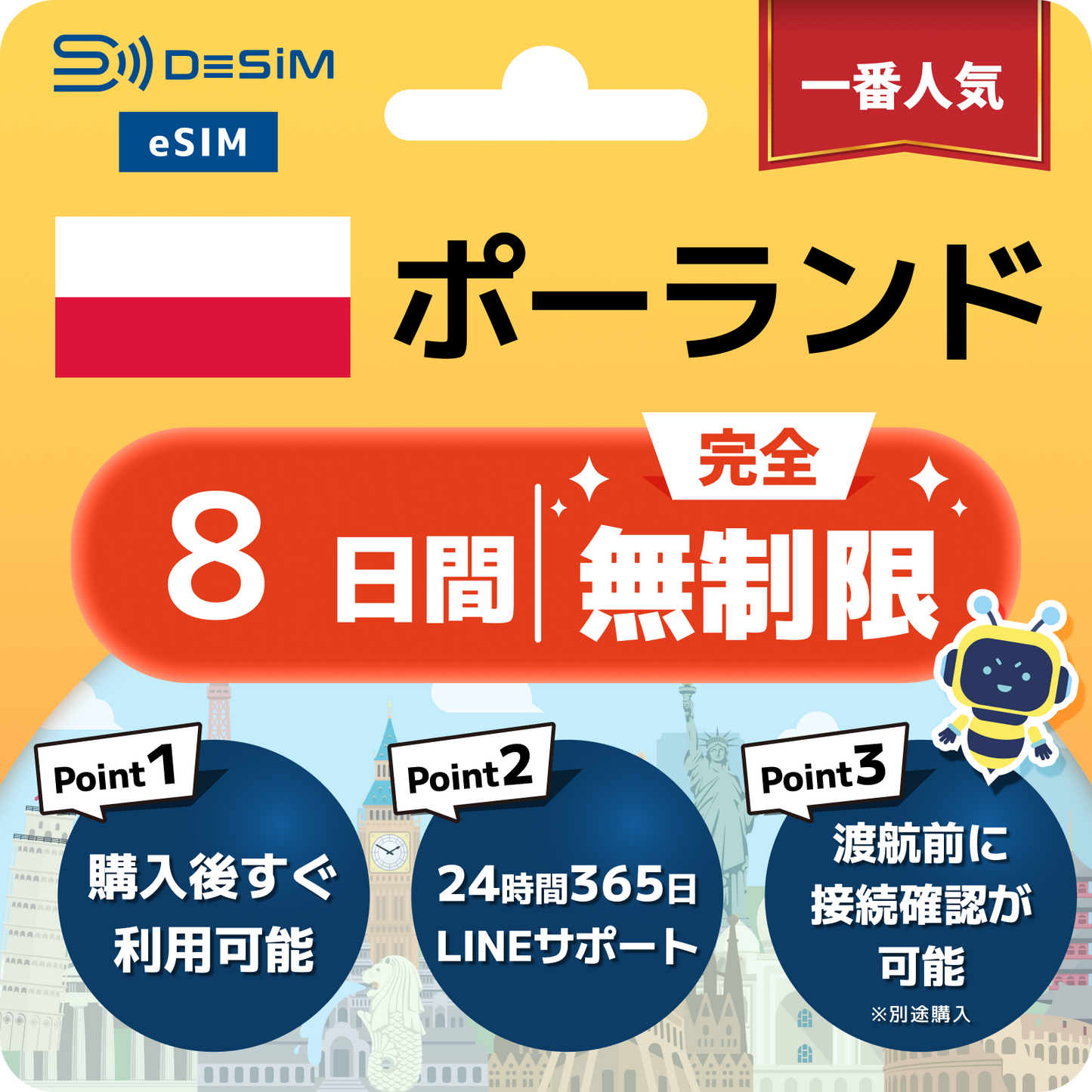 ポーランド eSIM（1~30日間） 完全無制限eSIM 即日開通 テザリング対応
