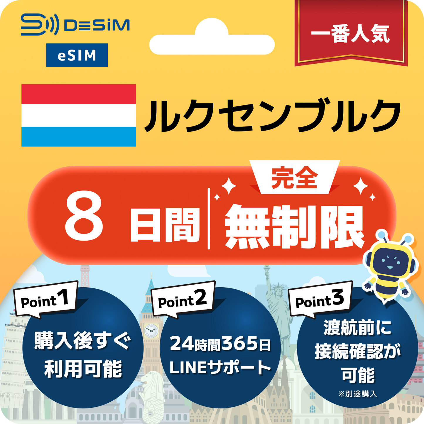 ルクセンブルク eSIM（1~30日間） 完全無制限eSIM 即日開通 テザリング対応