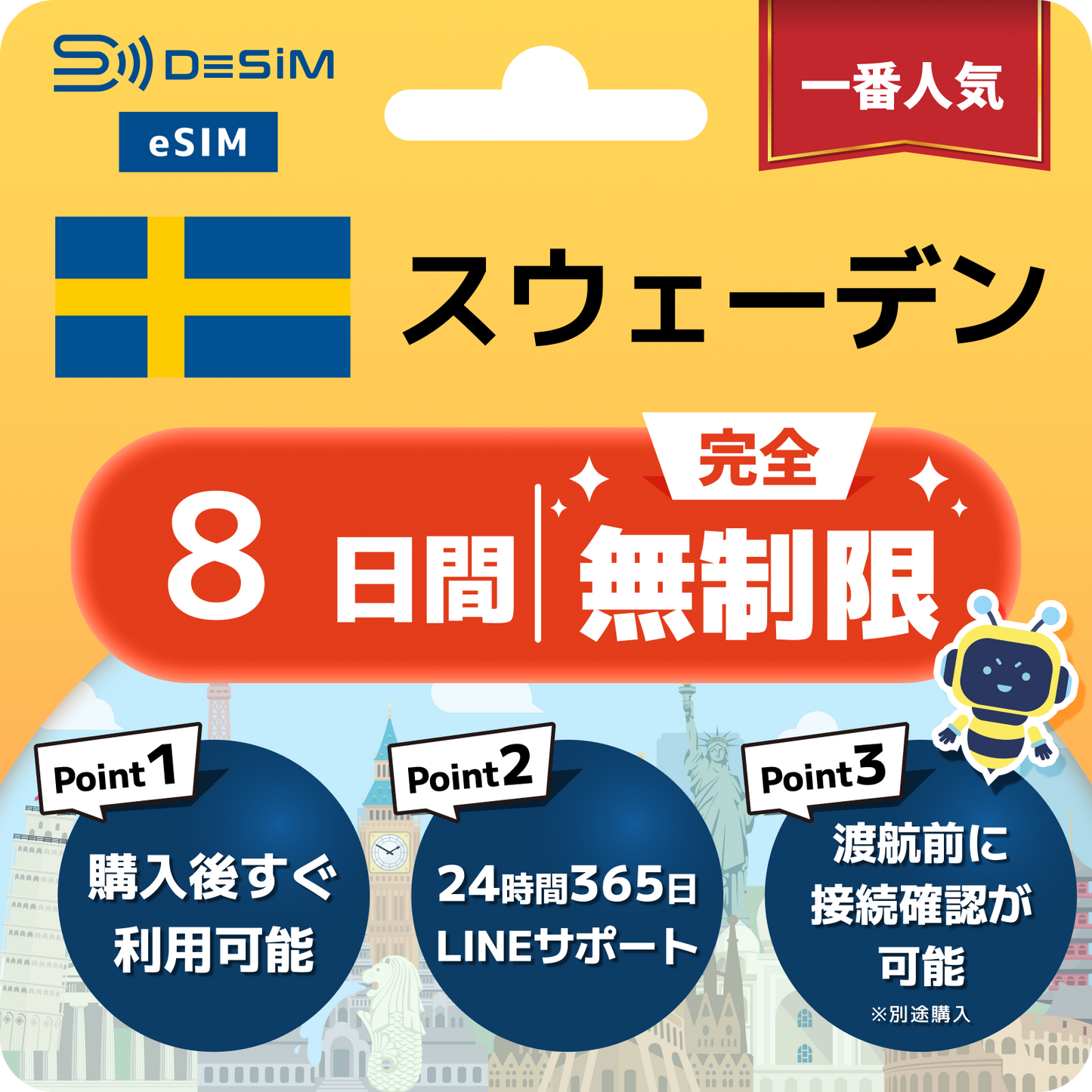 スウェーデン eSIM（1~30日間） 完全無制限eSIM 即日開通 テザリング対応