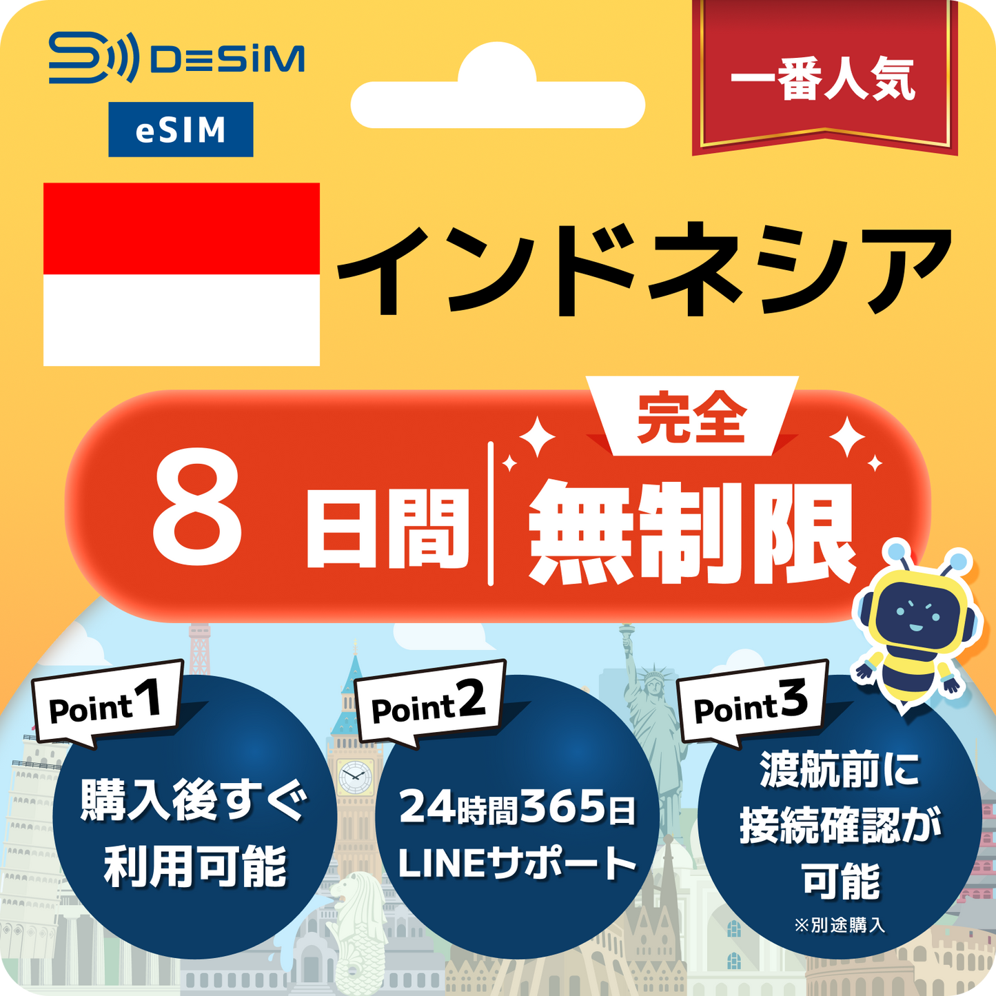 インドネシア eSIM（1~30日間） 完全無制限eSIM 即日開通 テザリング対応