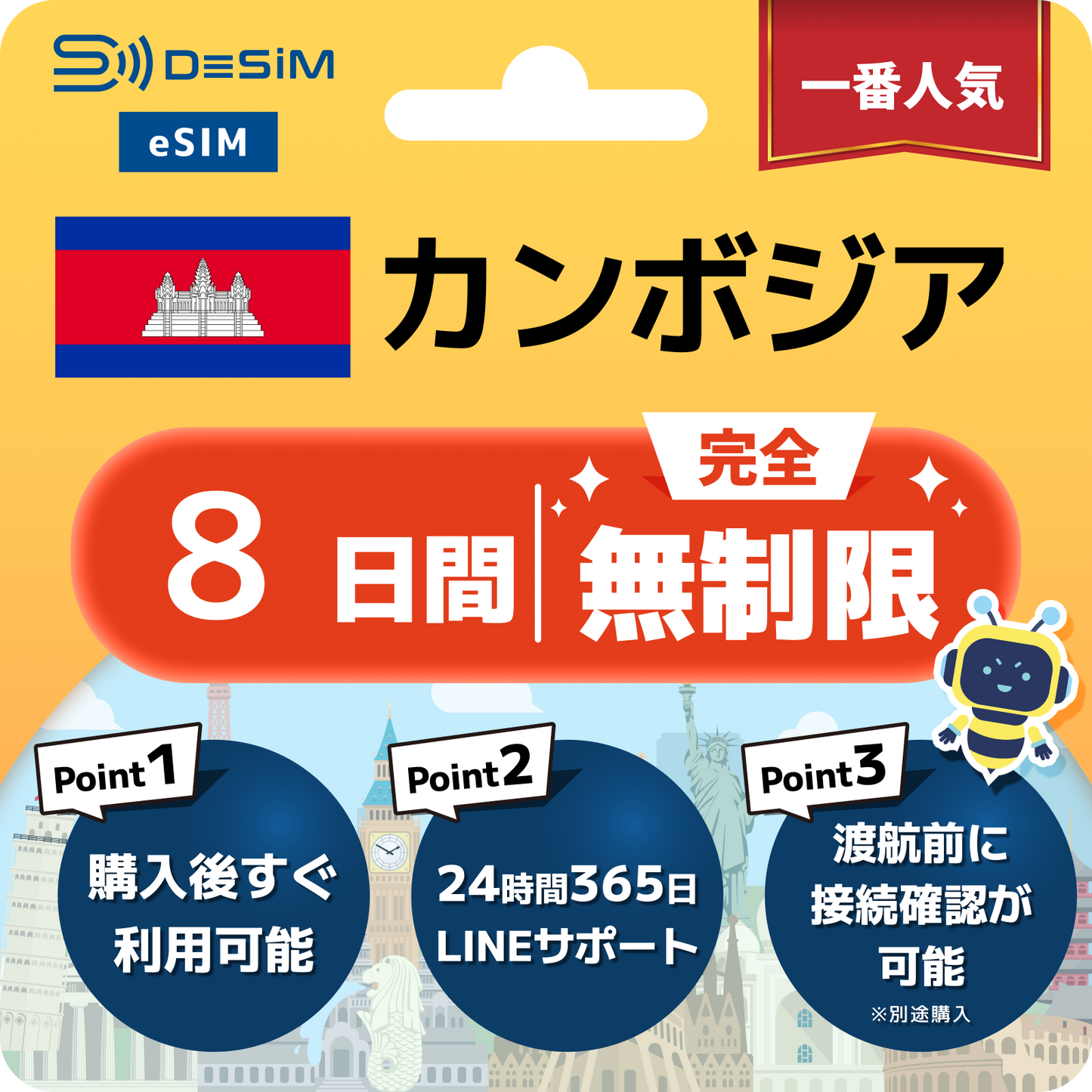 カンボジア eSIM（1~30日間） 完全無制限eSIM 即日開通 テザリング対応