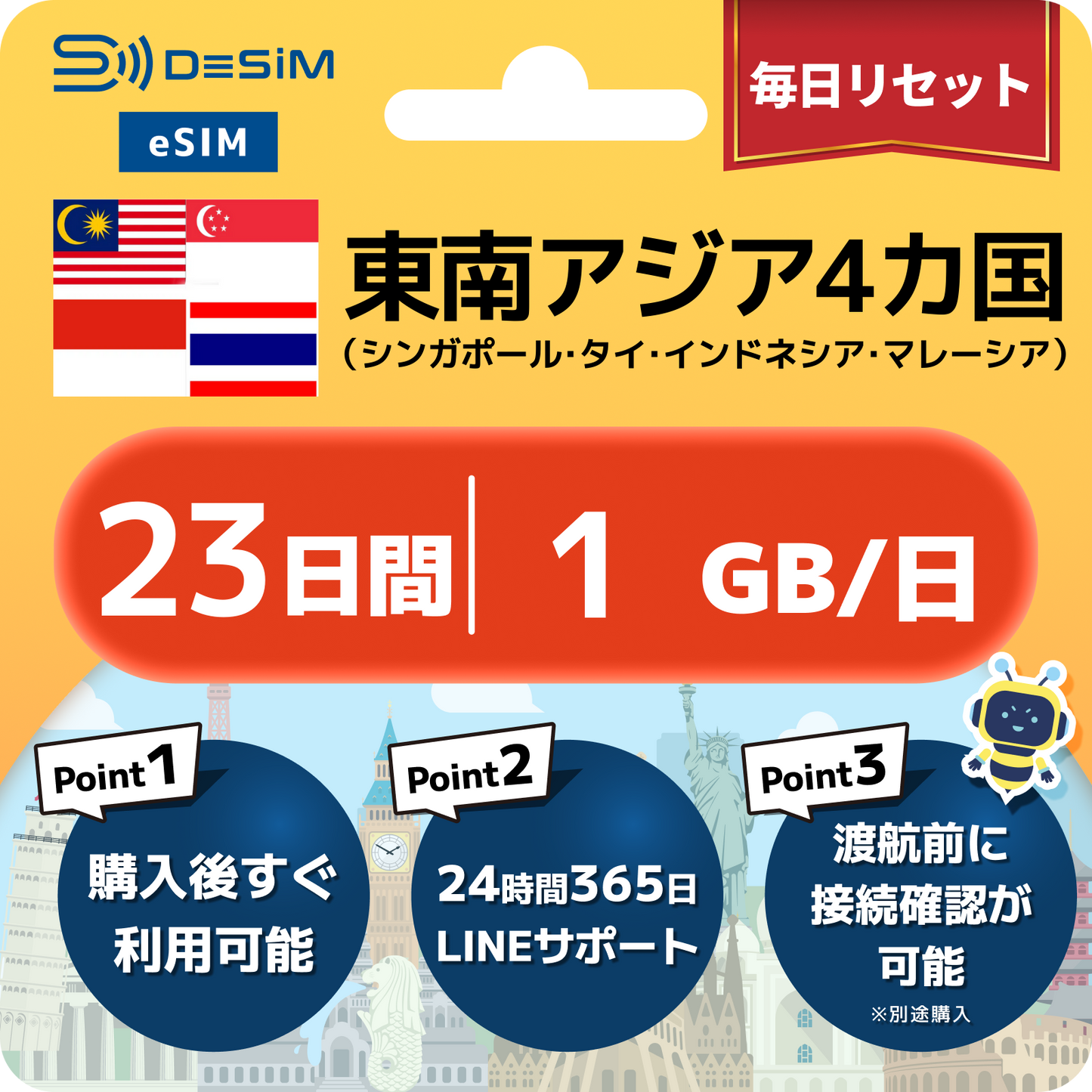 東南アジア eSIM（21~30日間）500MB～50GB選択可能 即日開通 テザリング対応