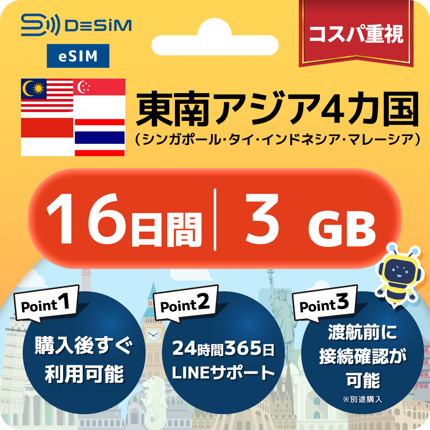 東南アジア eSIM（11~20日間）500MB～50GB選択可能 即日開通 テザリング対応