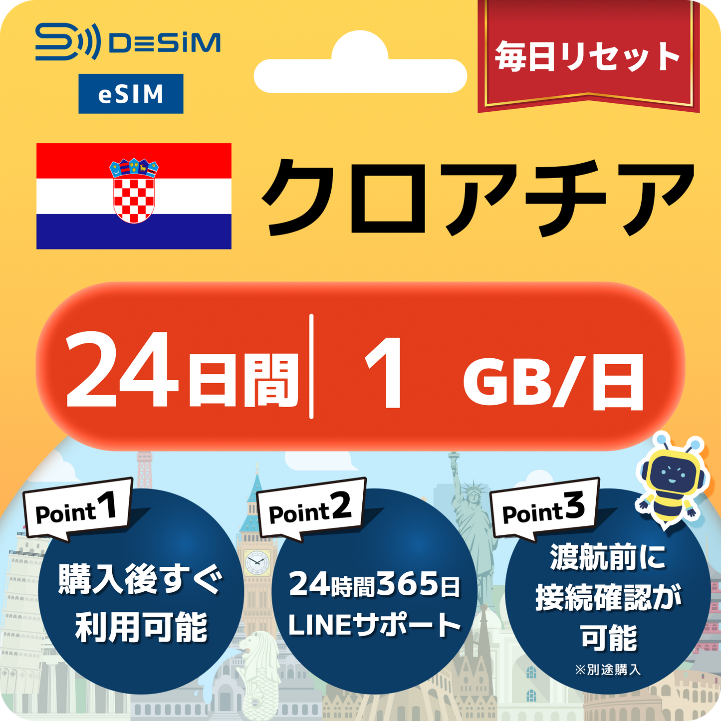 クロアチア eSIM（21~30日間）500MB～50GB選択可能 即日開通 テザリング対応