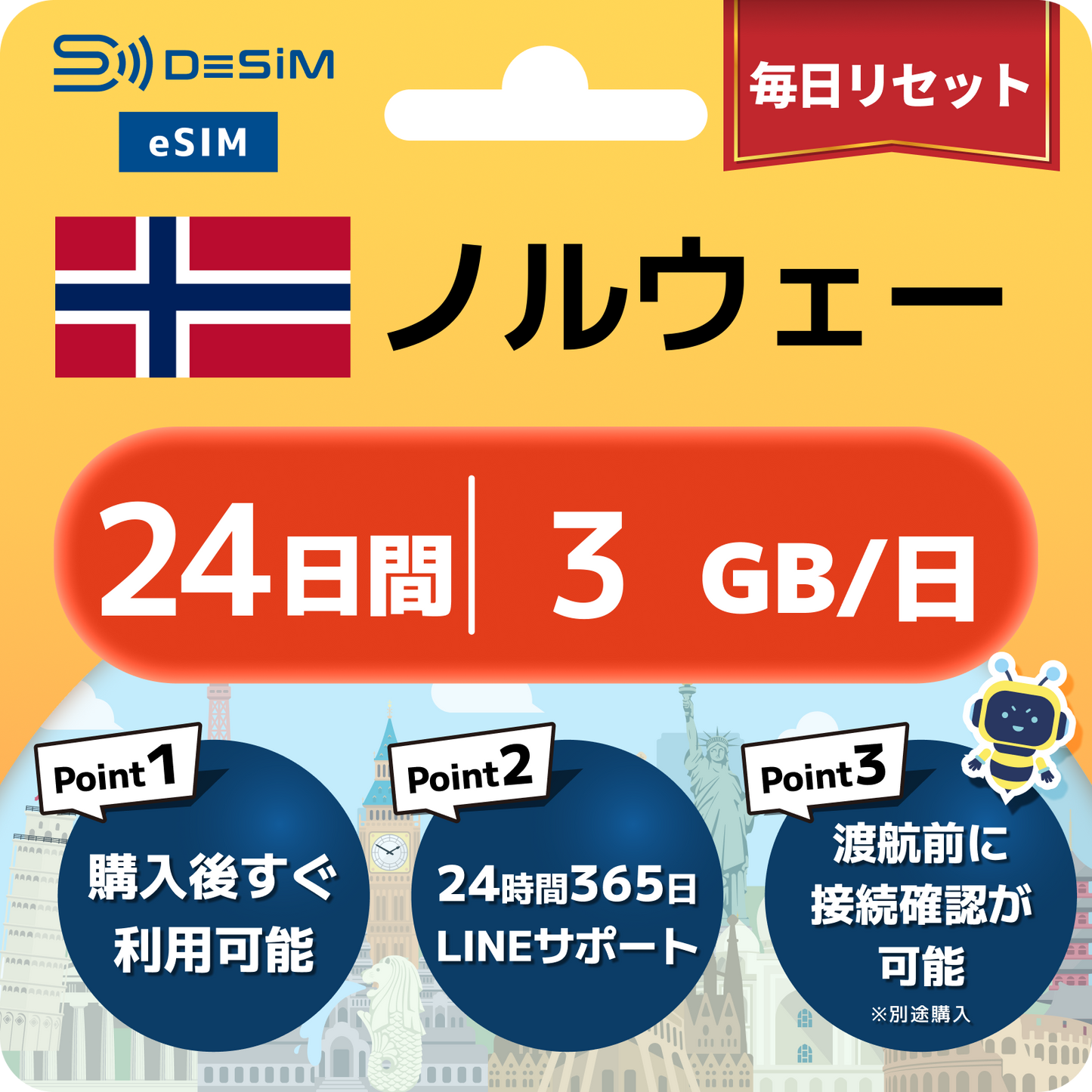 ノルウェー eSIM（21~30日間）500MB～50GB選択可能 即日開通 テザリング対応