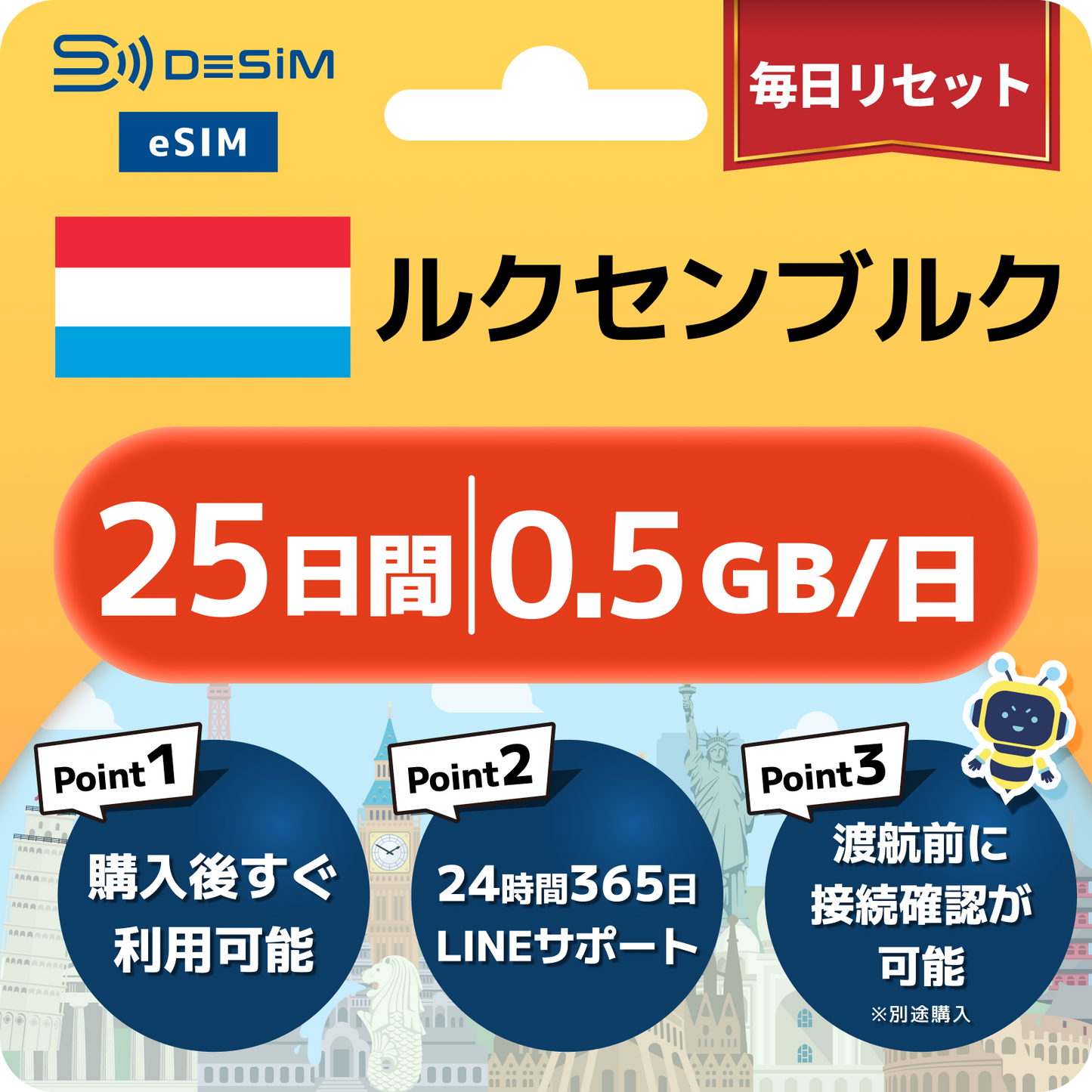 ルクセンブルク eSIM（21~30日間）500MB～50GB選択可能 即日開通 テザリング対応