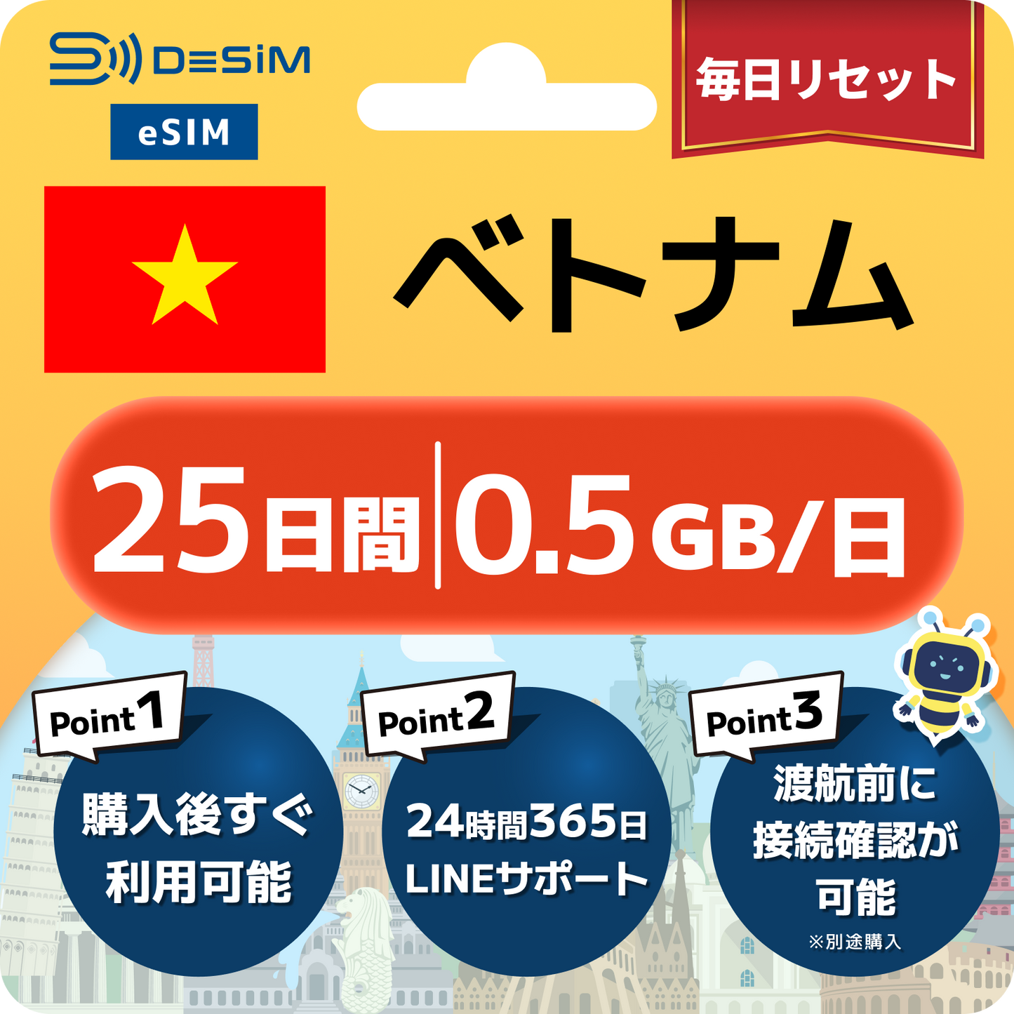 ベトナム eSIM（21~30日間）500MB～50GB選択可能 即日開通 テザリング対応