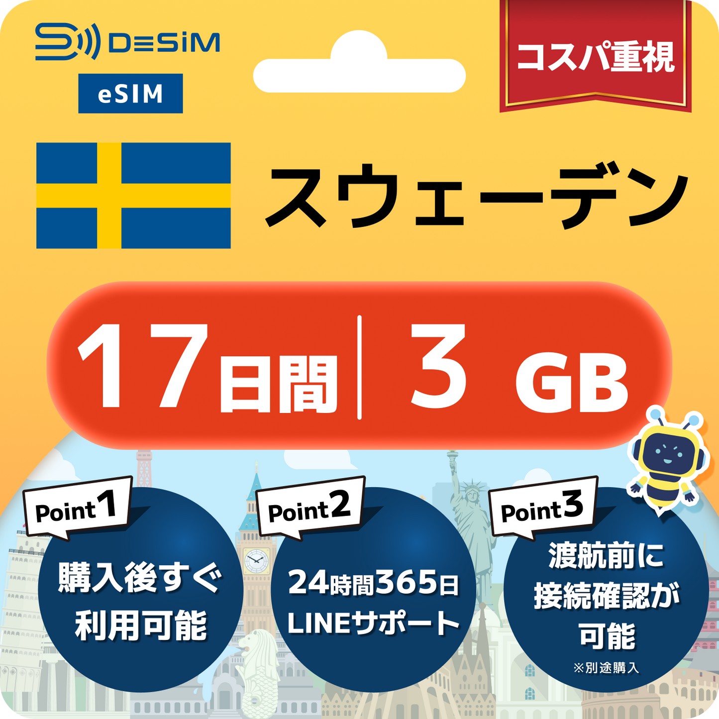 スウェーデン eSIM（11~20日間）500MB～50GB選択可能 即日開通 テザリング対応