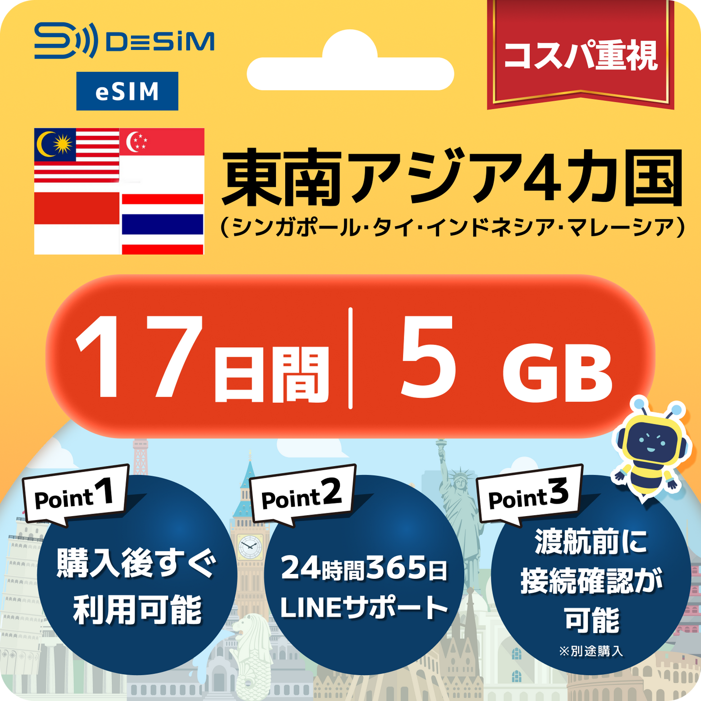 東南アジア eSIM（11~20日間）500MB～50GB選択可能 即日開通 テザリング対応