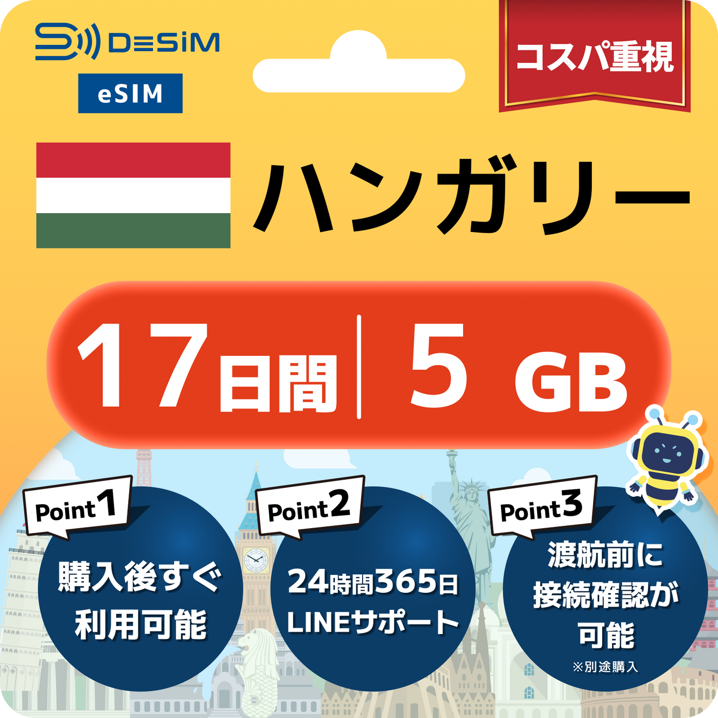 ハンガリー eSIM（11~20日間）500MB～50GB選択可能 即日開通 テザリング対応