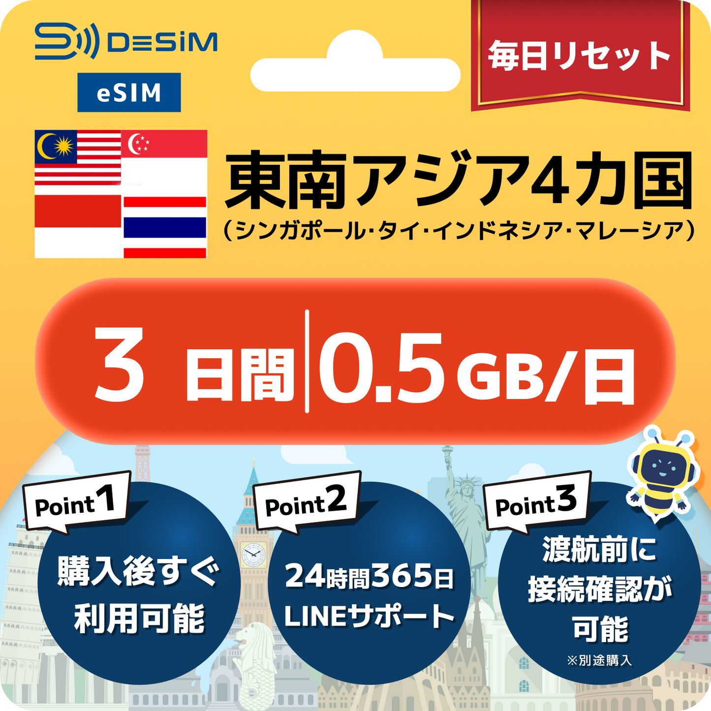 東南アジア eSIM（ 1~10日間）500MB～50GB選択可能 即日開通 テザリング対応