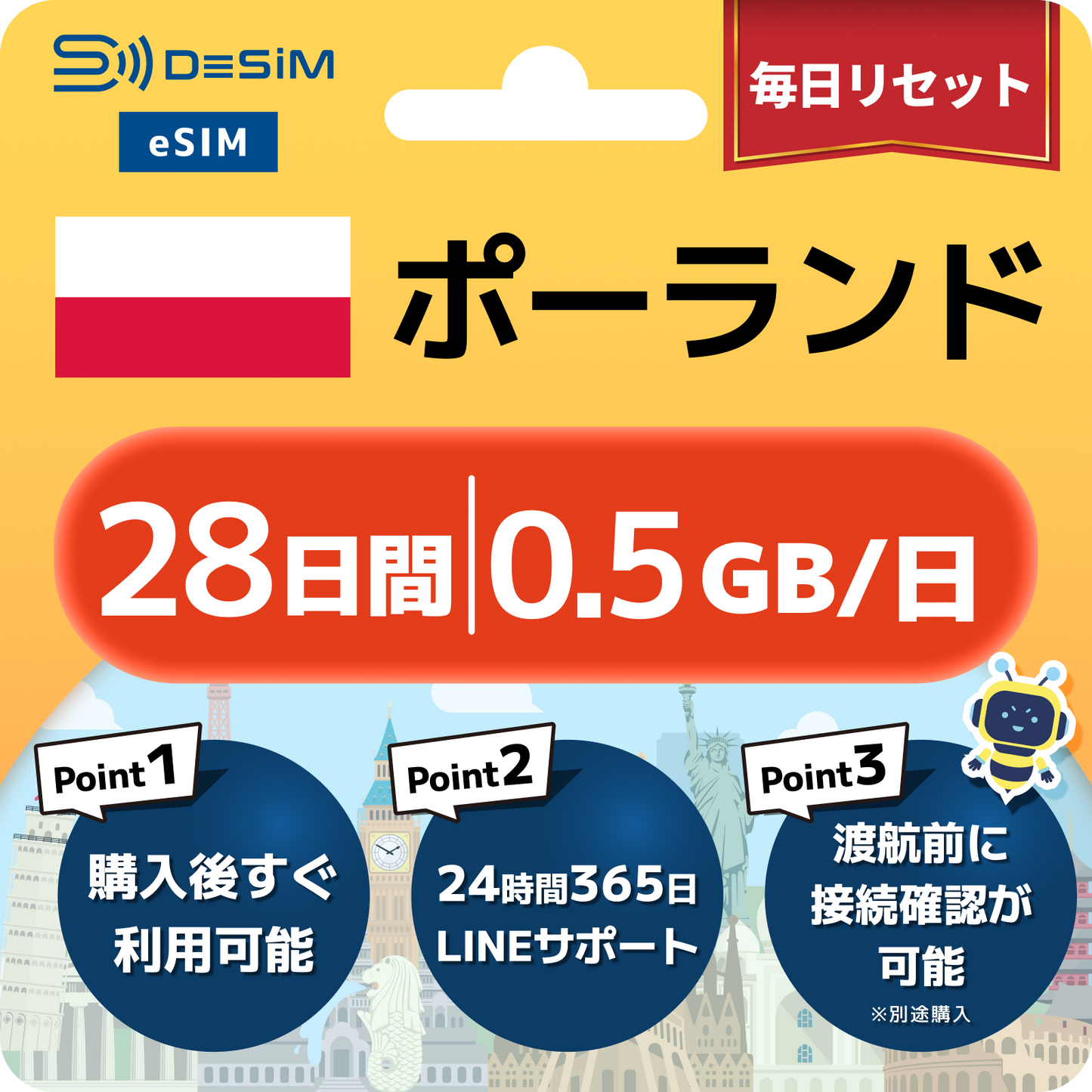 ポーランド eSIM（21~30日間）500MB～50GB選択可能 即日開通 テザリング対応