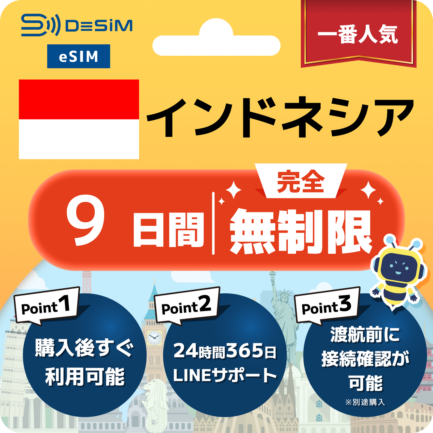 インドネシア eSIM（1~30日間） 完全無制限eSIM 即日開通 テザリング対応