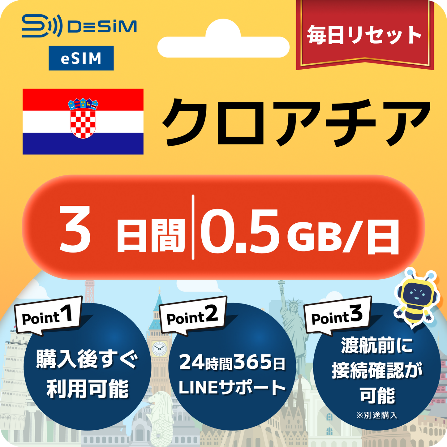 クロアチア eSIM（ 1~10日間）500MB～50GB選択可能 即日開通 テザリング対応
